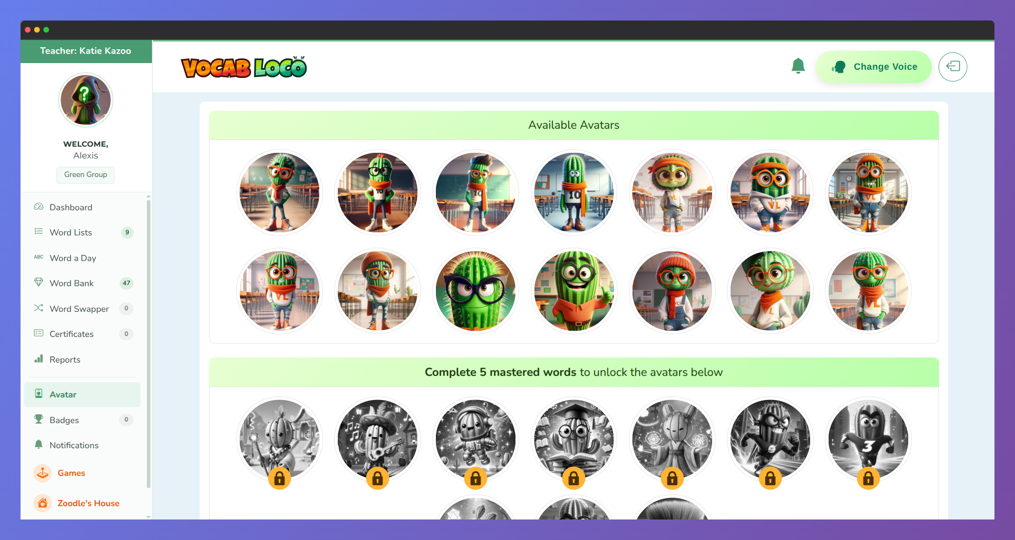 Screenshot of the Avatar page showing available avatars and additional avatars that can be unlocked by mastering words.