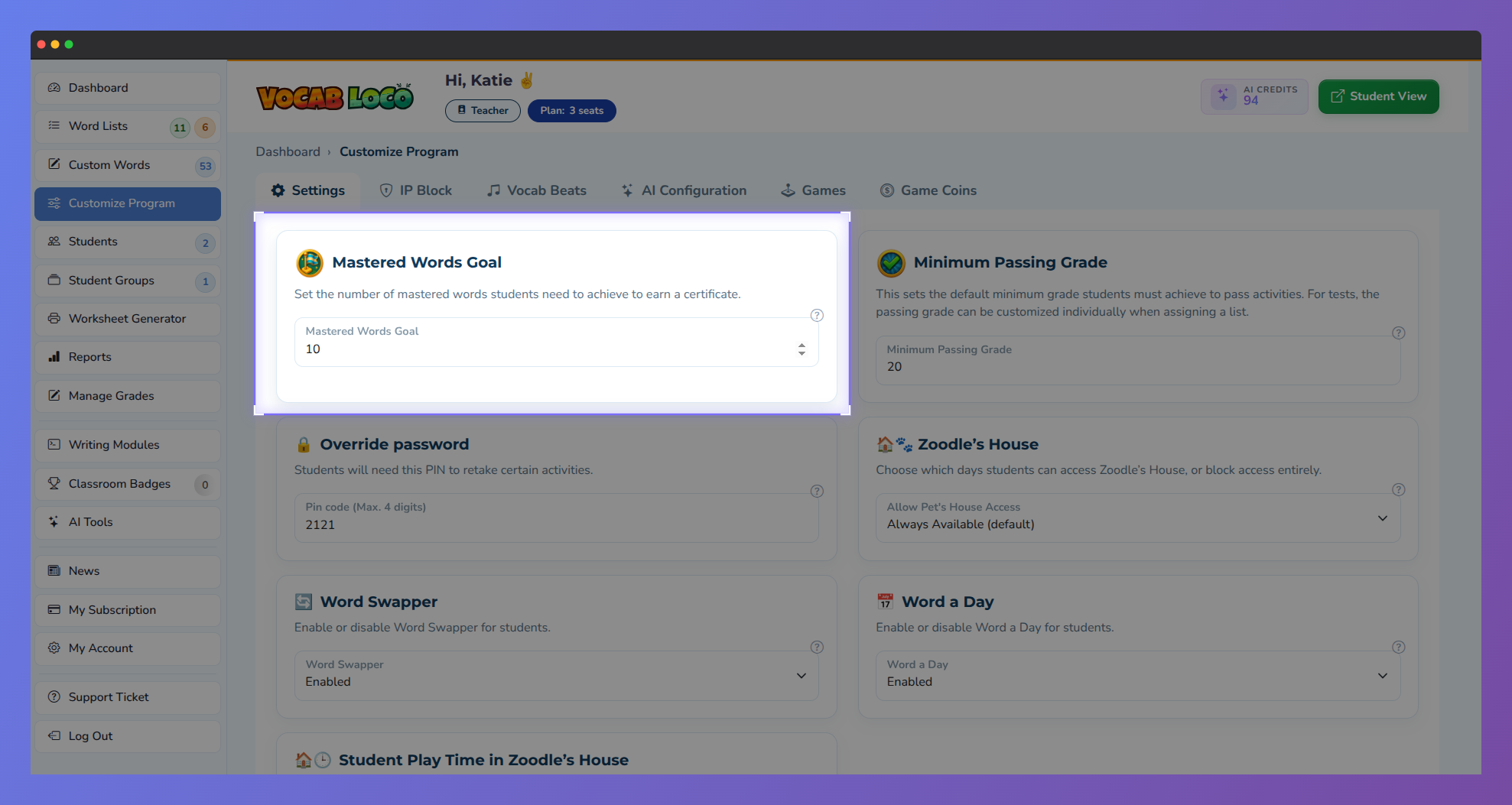 Screenshot of the Vocab Loco Customize Program page highlighting the Mastered Words Goal setting, where teachers can choose how many mastered words students must achieve to earn a certificate.