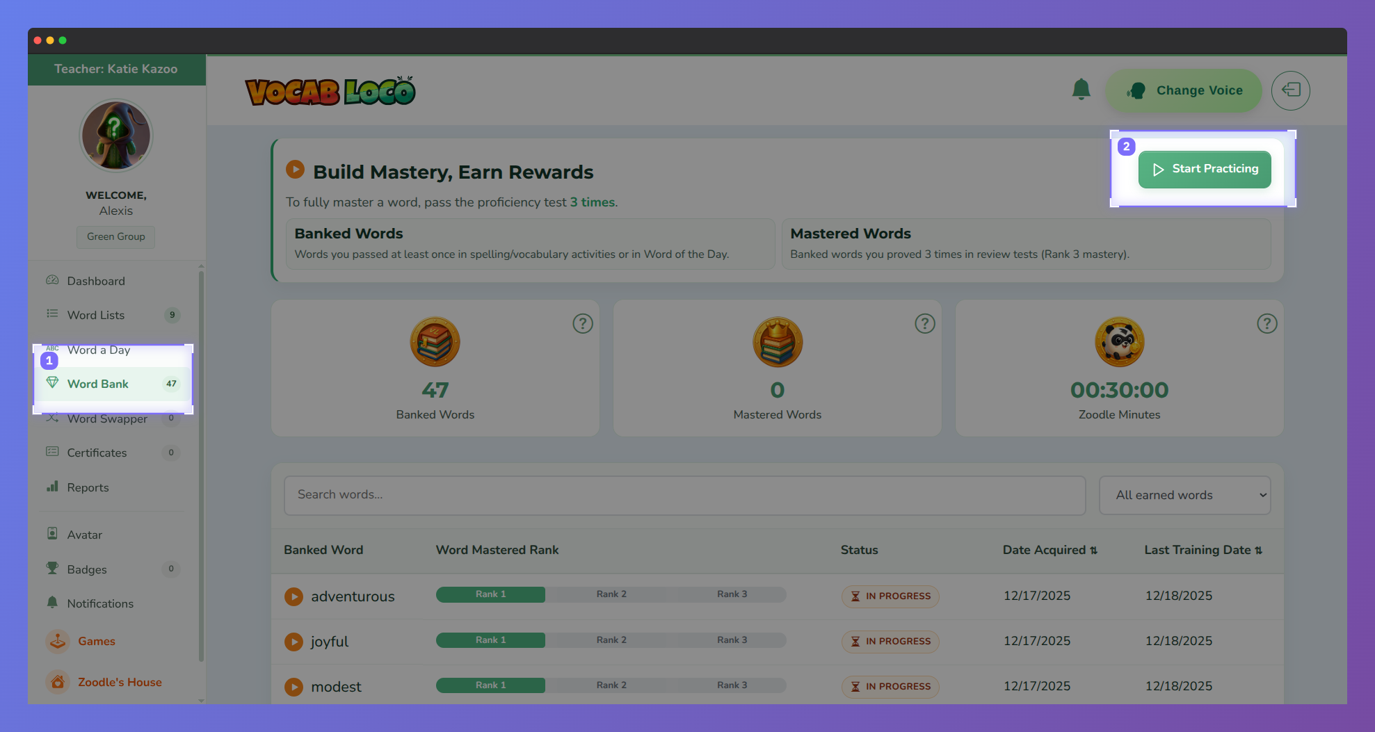 Screenshot of the Vocab Loco Word Bank page highlighting the Start Practicing button, where students can continue practicing words to improve mastery and earn rewards.