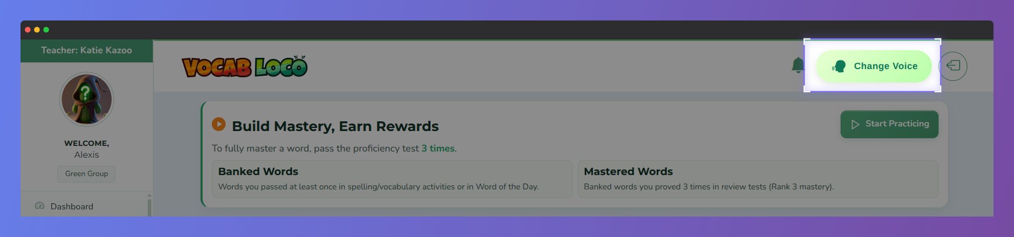 Screenshot of the Change Voice button, which allows students to switch between available voice narration options.