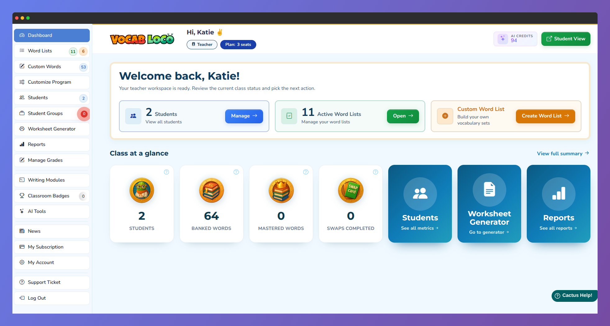 Screenshot of the Vocab Loco Teacher Dashboard displaying classroom management tools, student progress summaries, activity tracking, and real-time reporting features for educators.