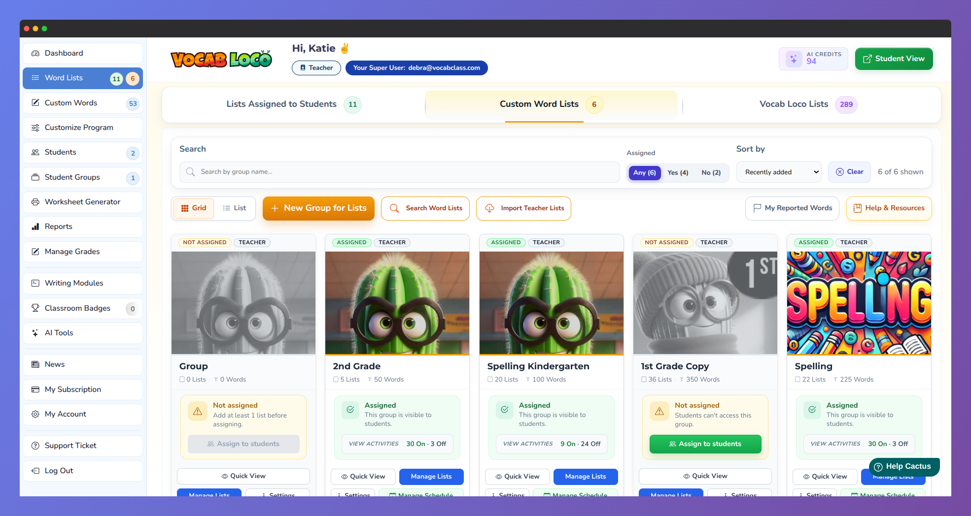 Screenshot of the Vocab Loco Word Lists management page showing customizable teacher-created word lists that can be assigned, managed, and scheduled for students.