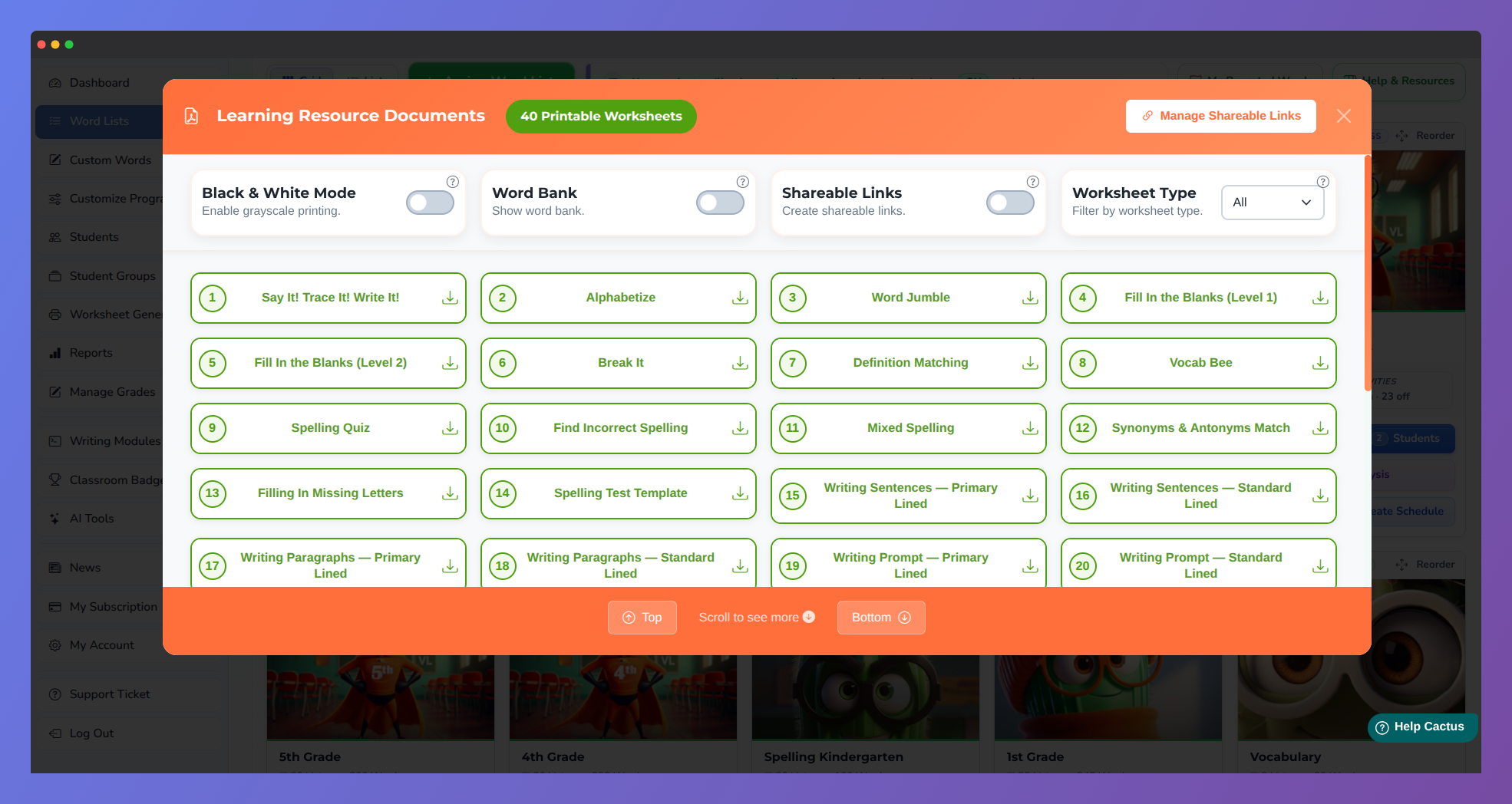 Screenshot of the Vocab Loco Learning Resource Documents panel displaying printable worksheets available for each word list.