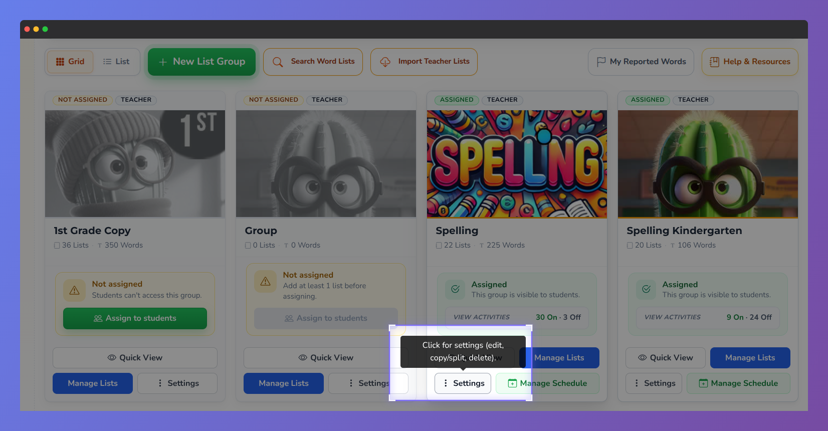 Screenshot of Vocab Loco in the custom word list area, showing the settings button.