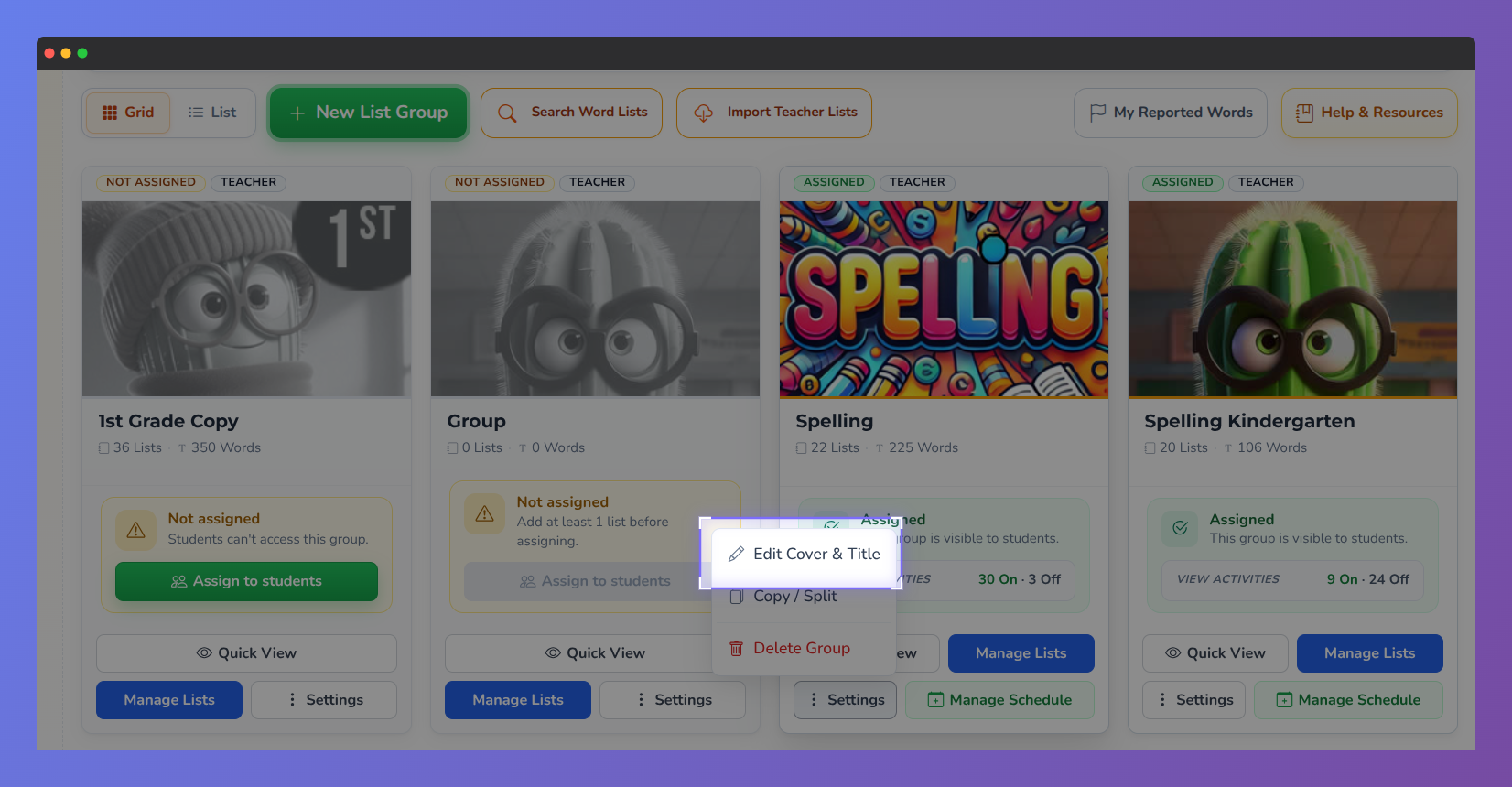 Screenshot of Vocab Loco in the custom word list area, showing the "Edit Cover & Title" button.