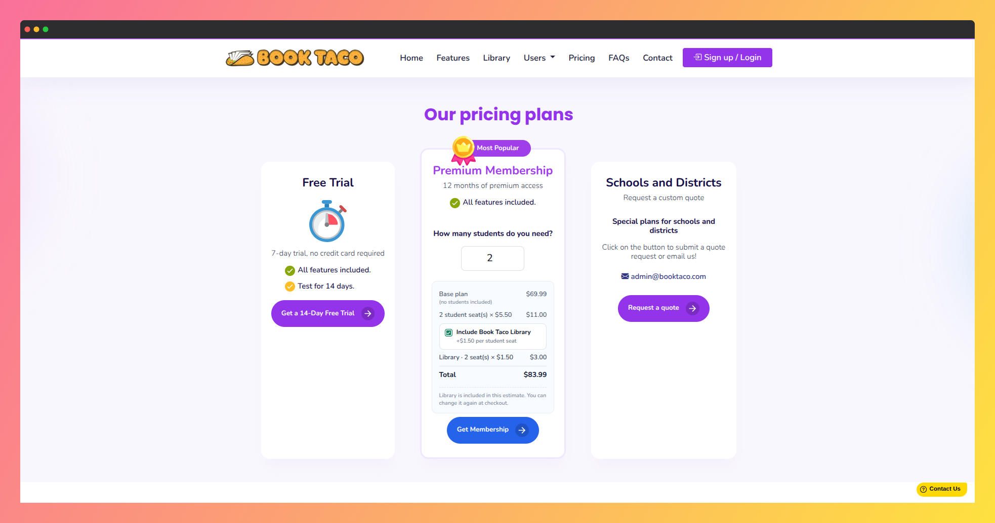 Screenshot of the pricing page where it is possible to estimate prices based on the number of students, taking add-ons into account.