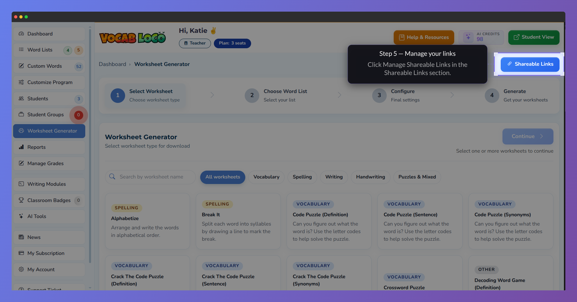 Screenshot of the teacher's area showing the sharable links management button.