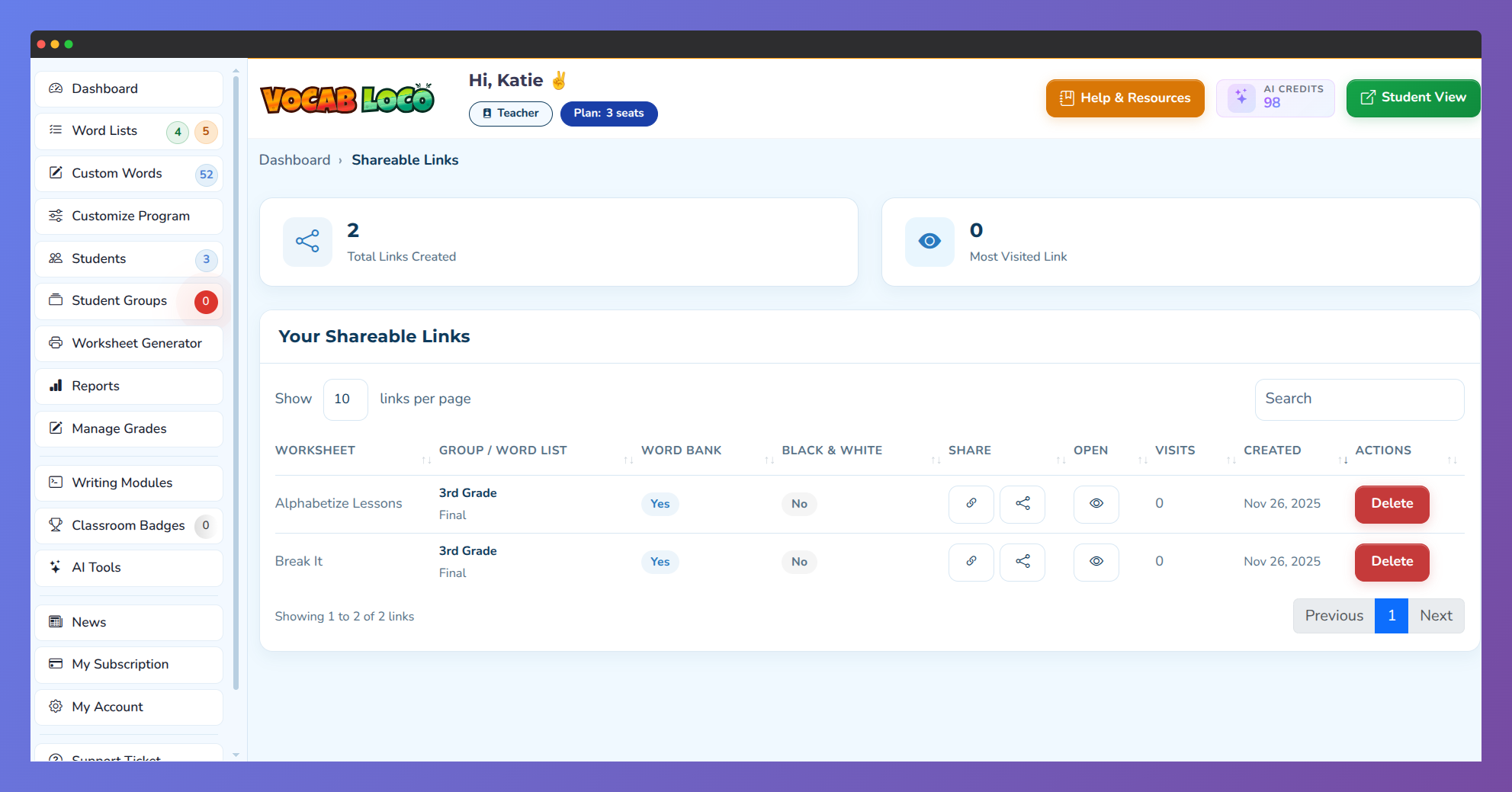 Screenshot of the teacher's area showing the shareable links management screen.
