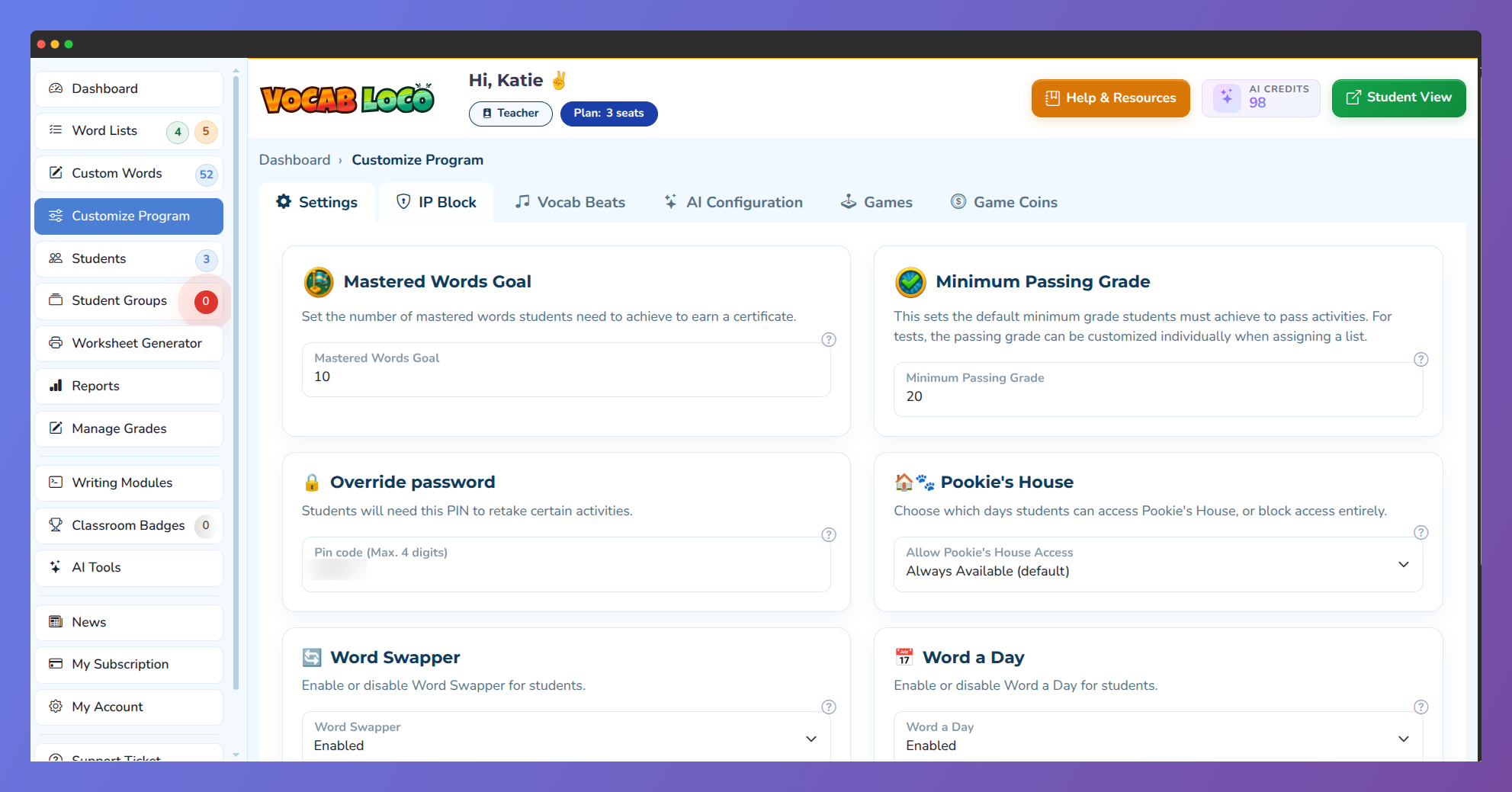 Screenshot showing the Settings section of the Vocab Loco Customize Program page.