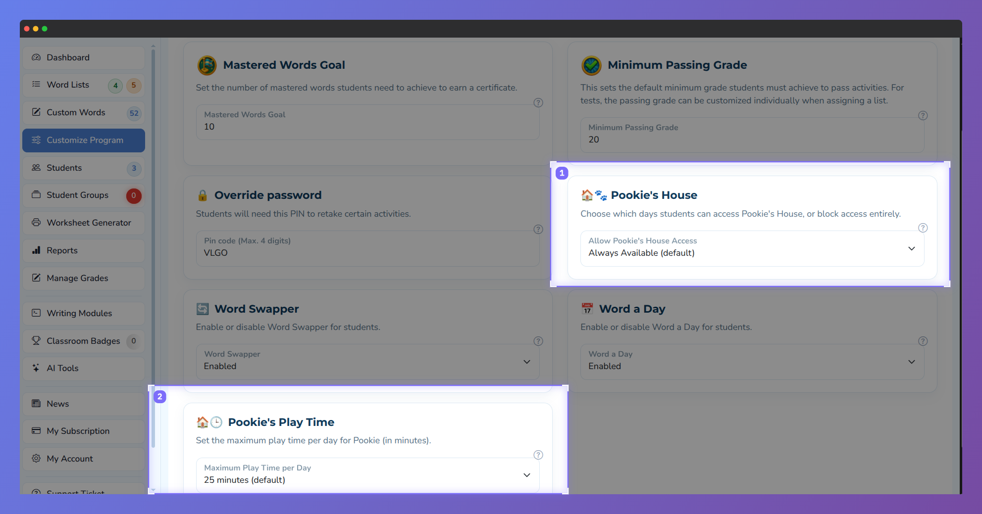 Screenshot of the Vocab Loco Customize Program settings page highlighting the Pookie's House access controls and student play time settings, where teachers can manage availability and daily play limits.