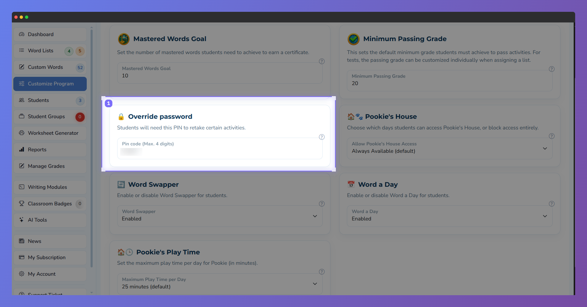 Screenshot of the Vocab Loco Customize Program settings page highlighting the Override Password section, where teachers can create a 4-digit PIN for student activity retries.