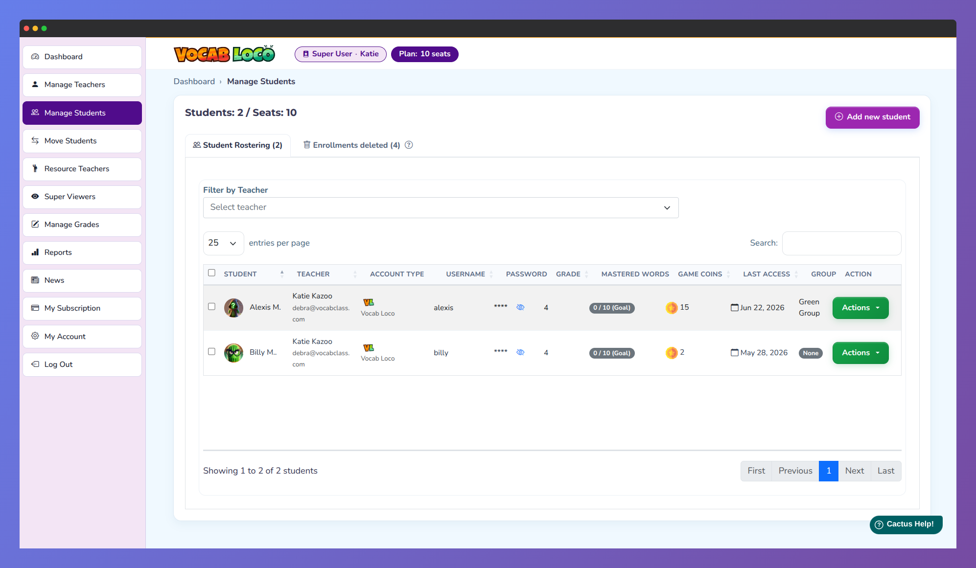 Screenshot of the Super User dashboard displaying student roster and account details.