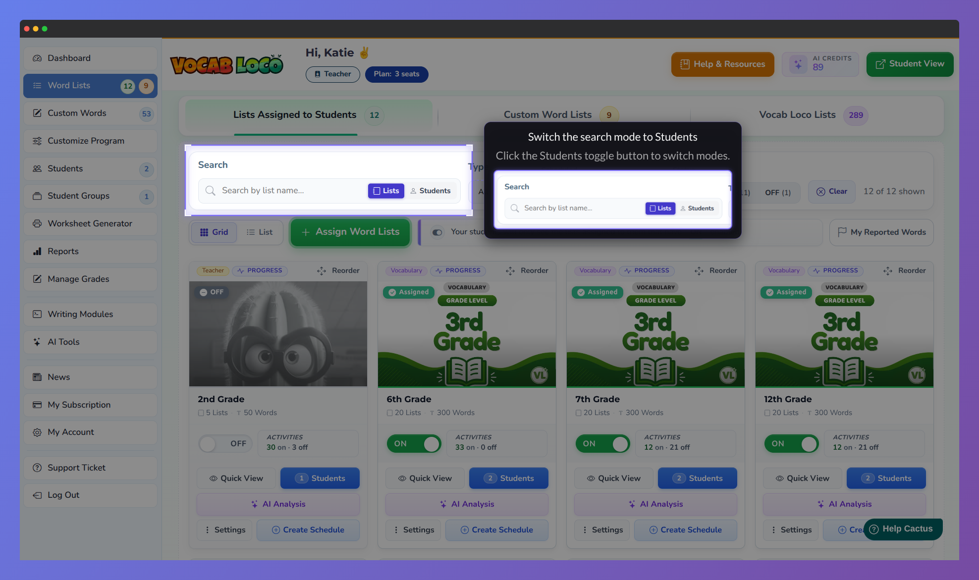 Screenshot of the search mode switcher showing how to switch from list search to student search.
