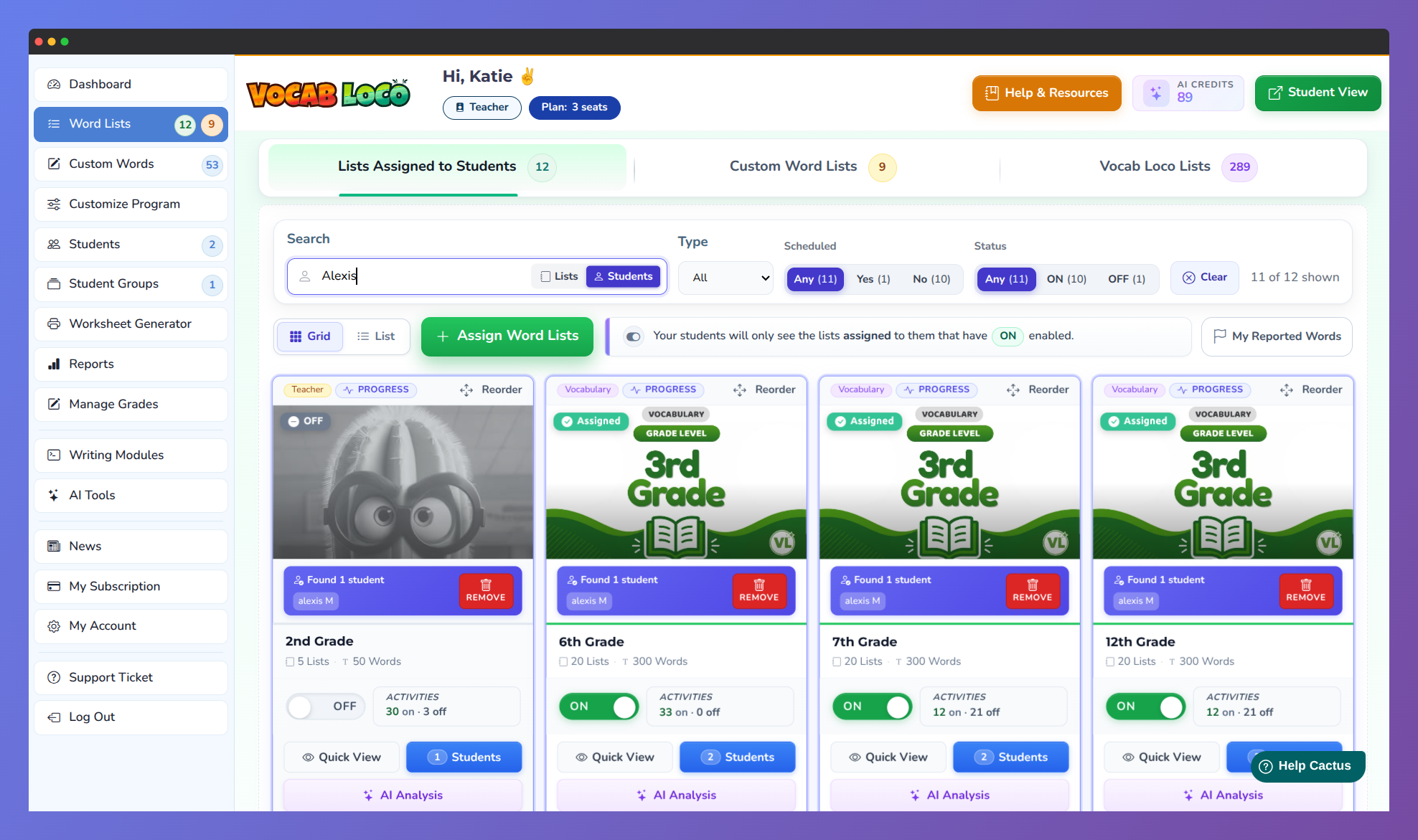 Screenshot of the teacher dashboard showing search results by student name.
