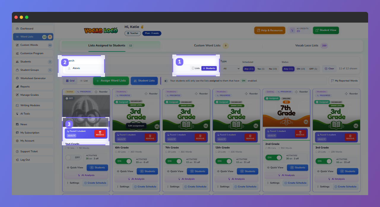 Screenshot showing the search for students assigned to word lists.