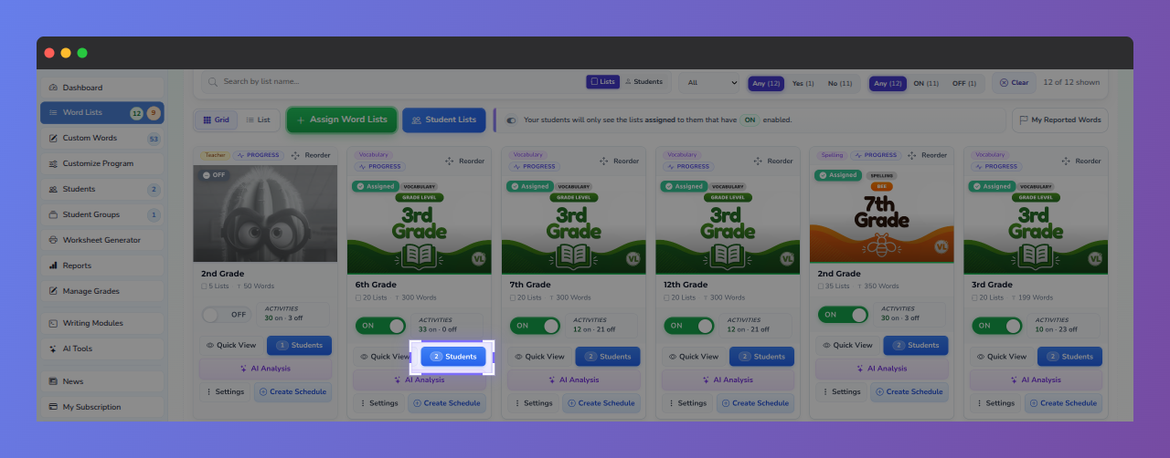 Screenshot showing the button to open the pop-up that lists students assigned to a list.