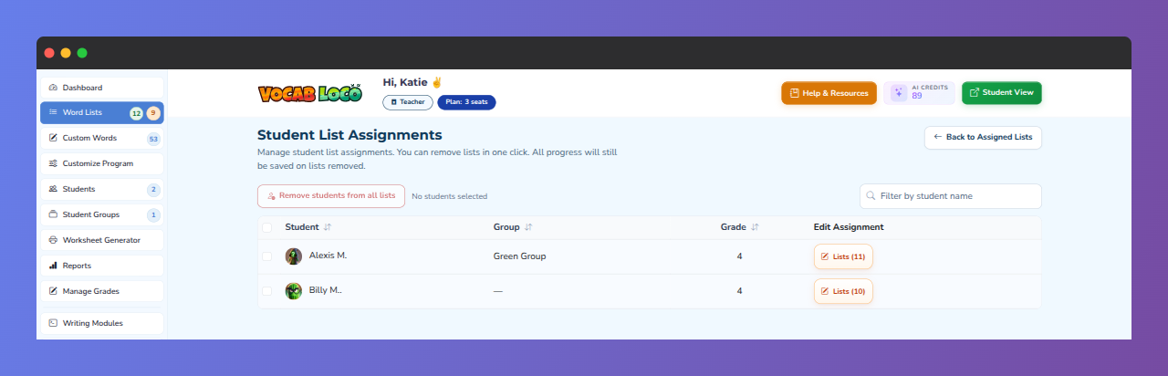 Screenshot showing the Student List Assignments.