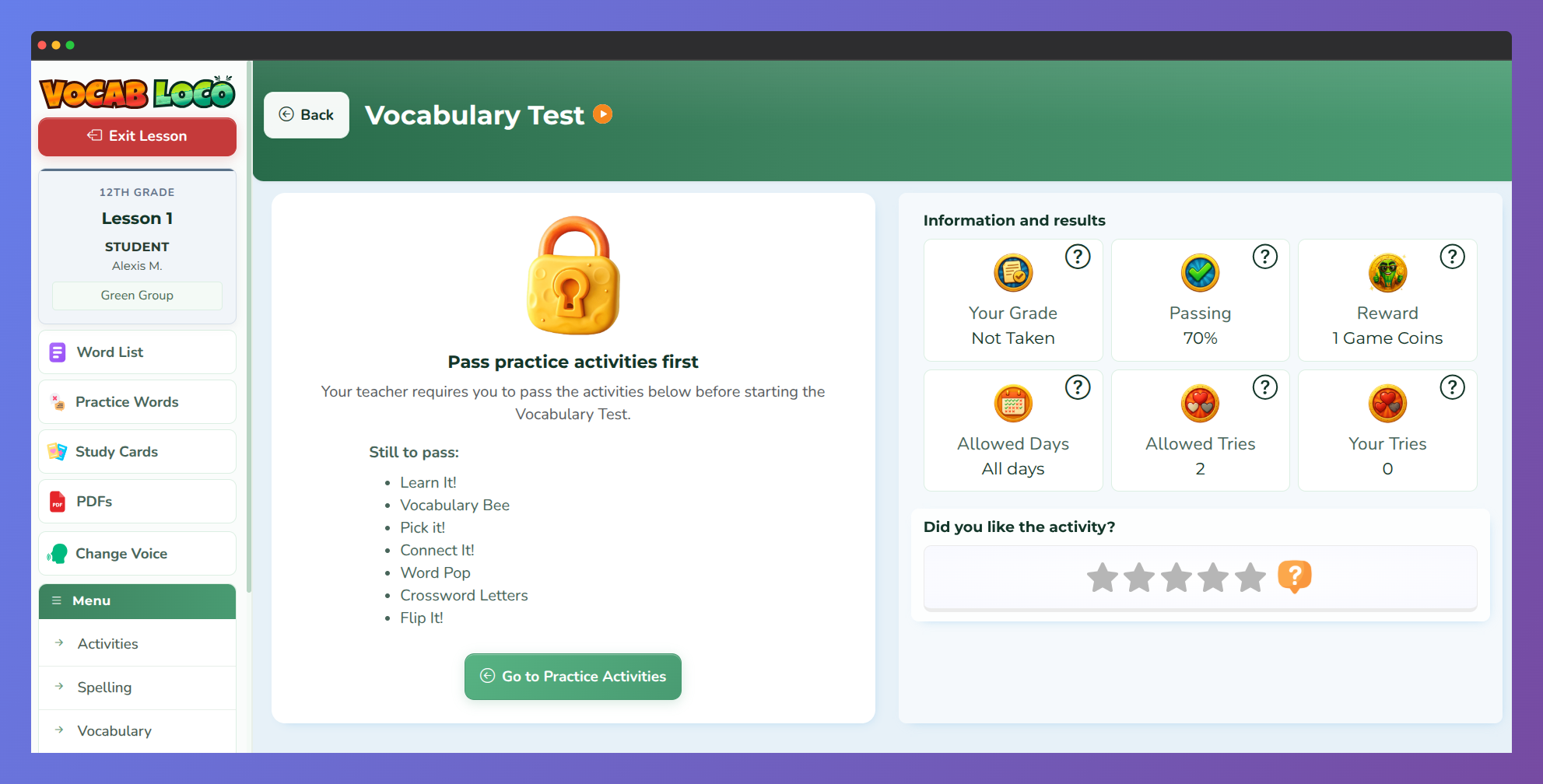 Screenshot of the Vocabulary Test page from a student's perspective when the practice gate is active.