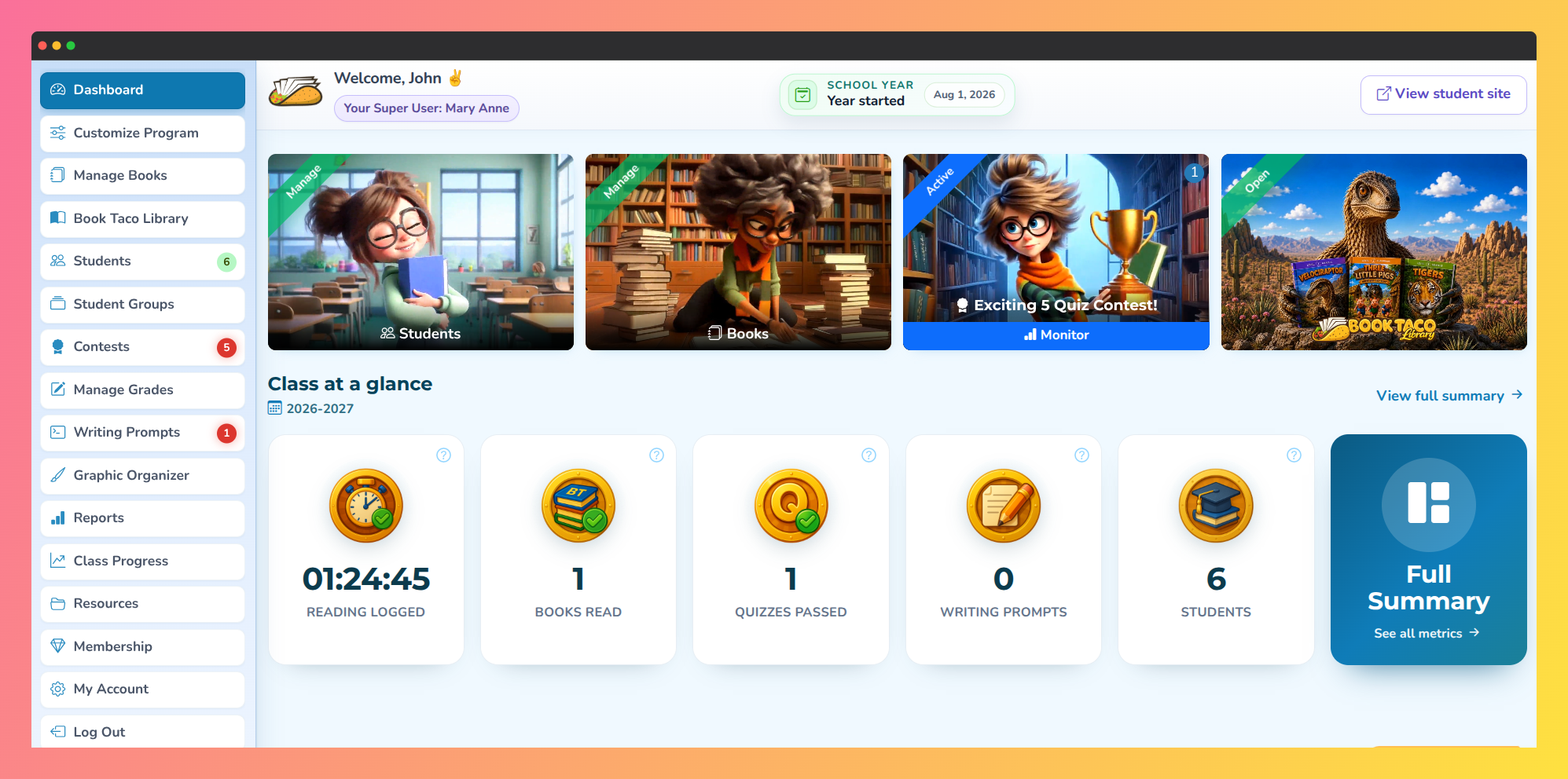Screenshot of the Book Taco Teacher Dashboard.