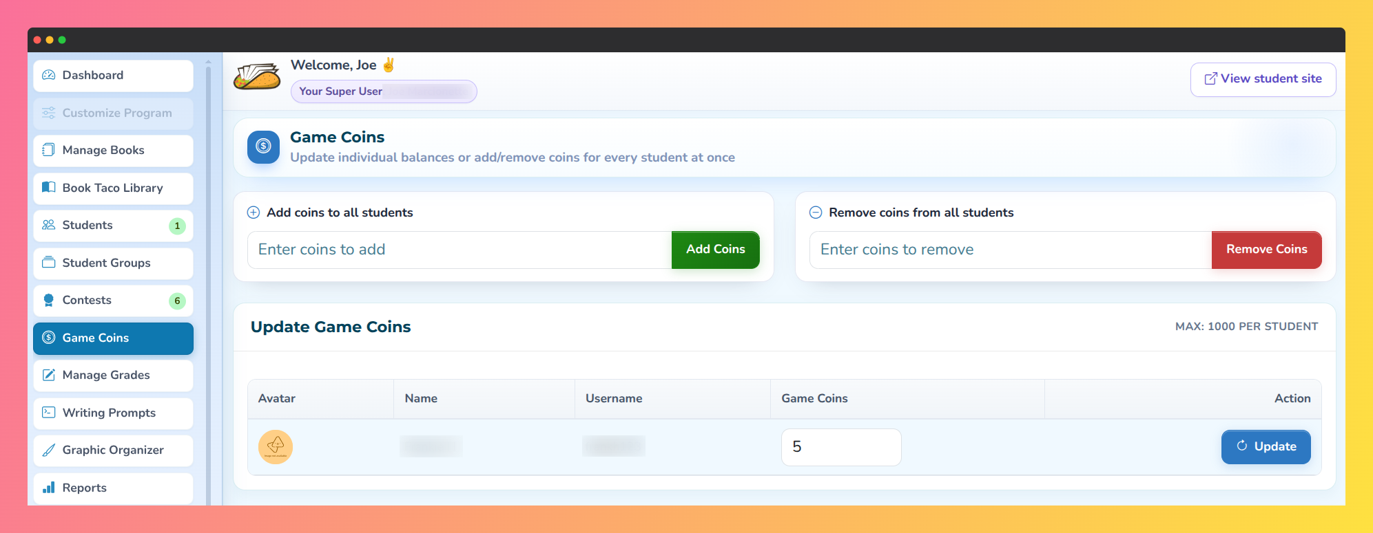 Screenshot of the Game Coins management page showing student coin balances and update options.