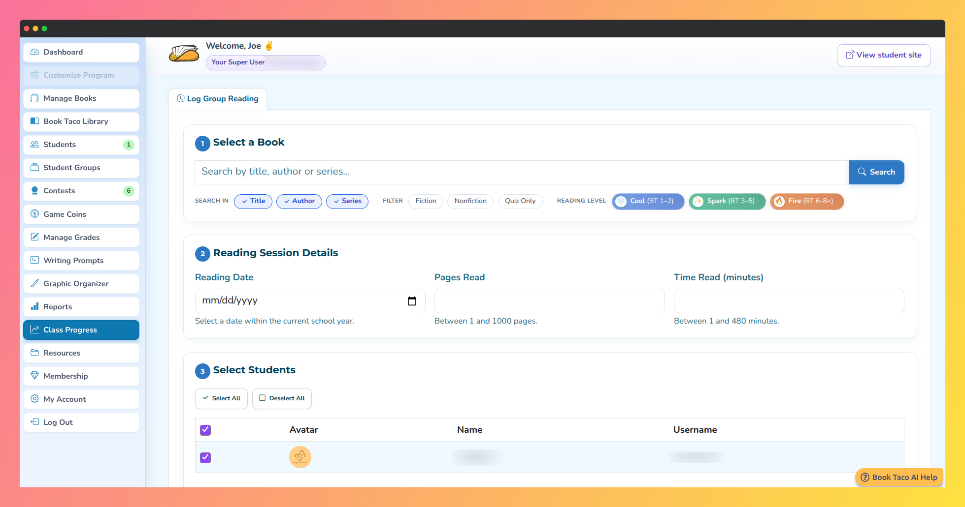Screenshot of the Log Group Reading page for recording a group reading session.