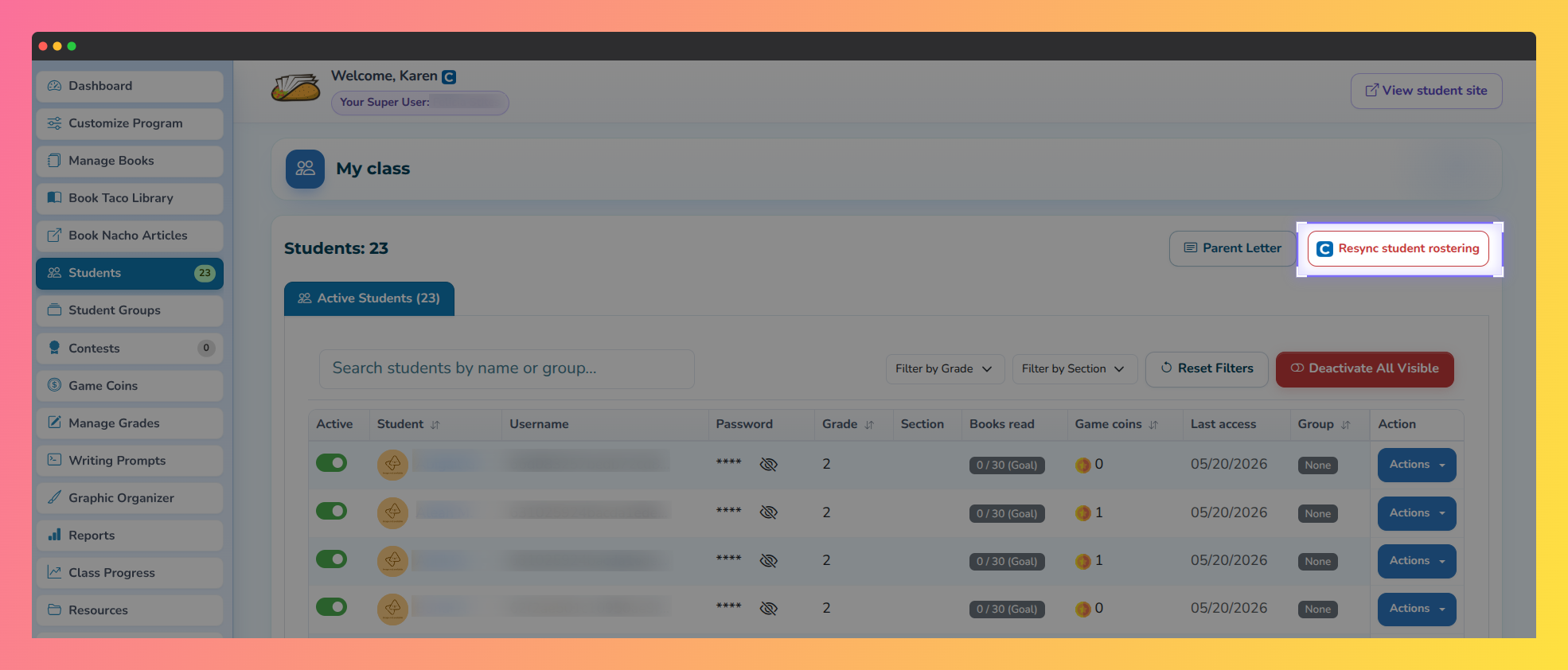 Screenshot of the Students page highlighting the “Resync student rostering” option.