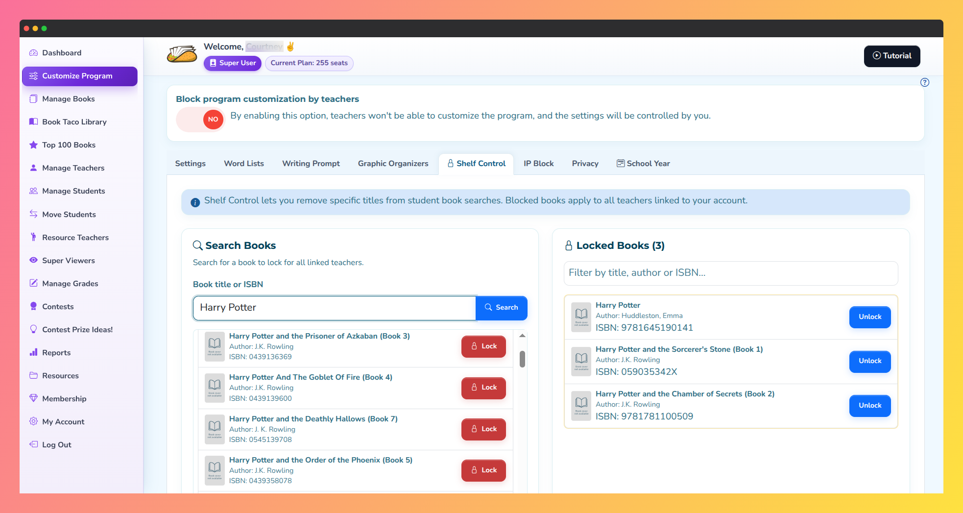 Screenshot of Shelf Control on the superuser account.
