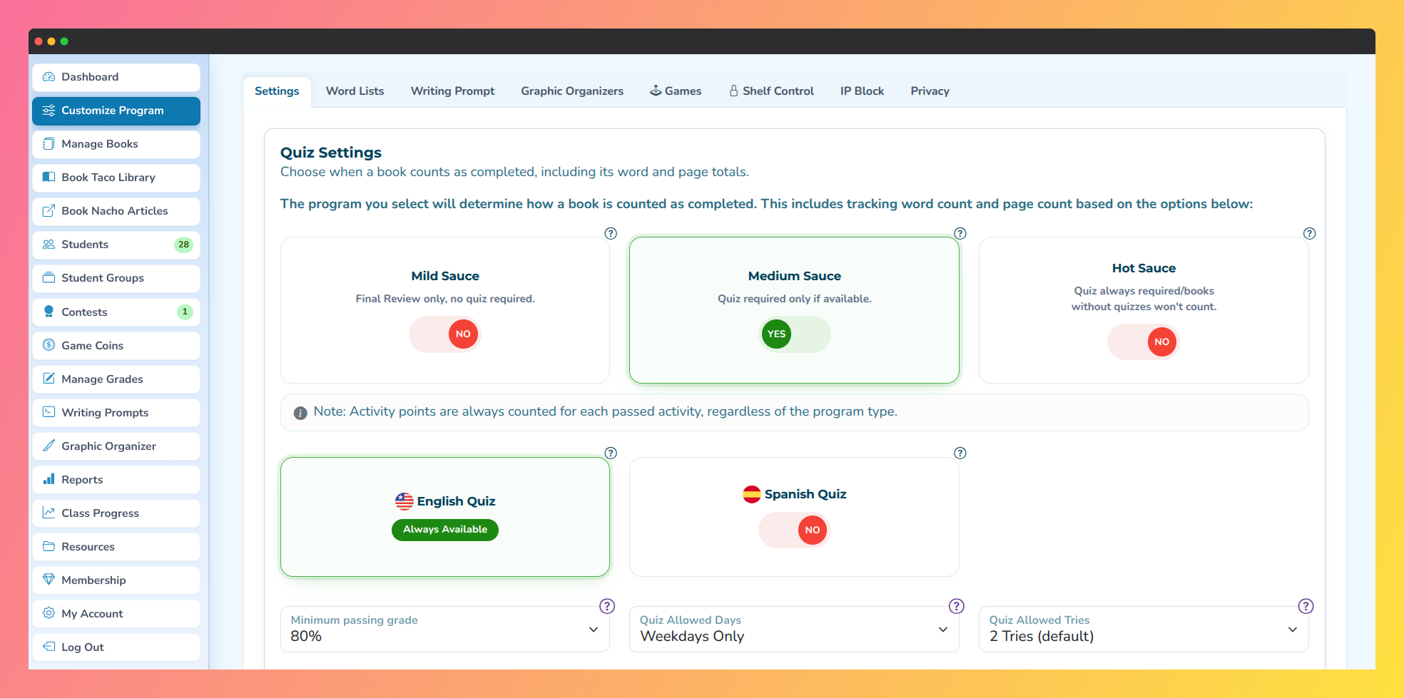 Screenshot of the Customize Program, where quiz settings can be edited.