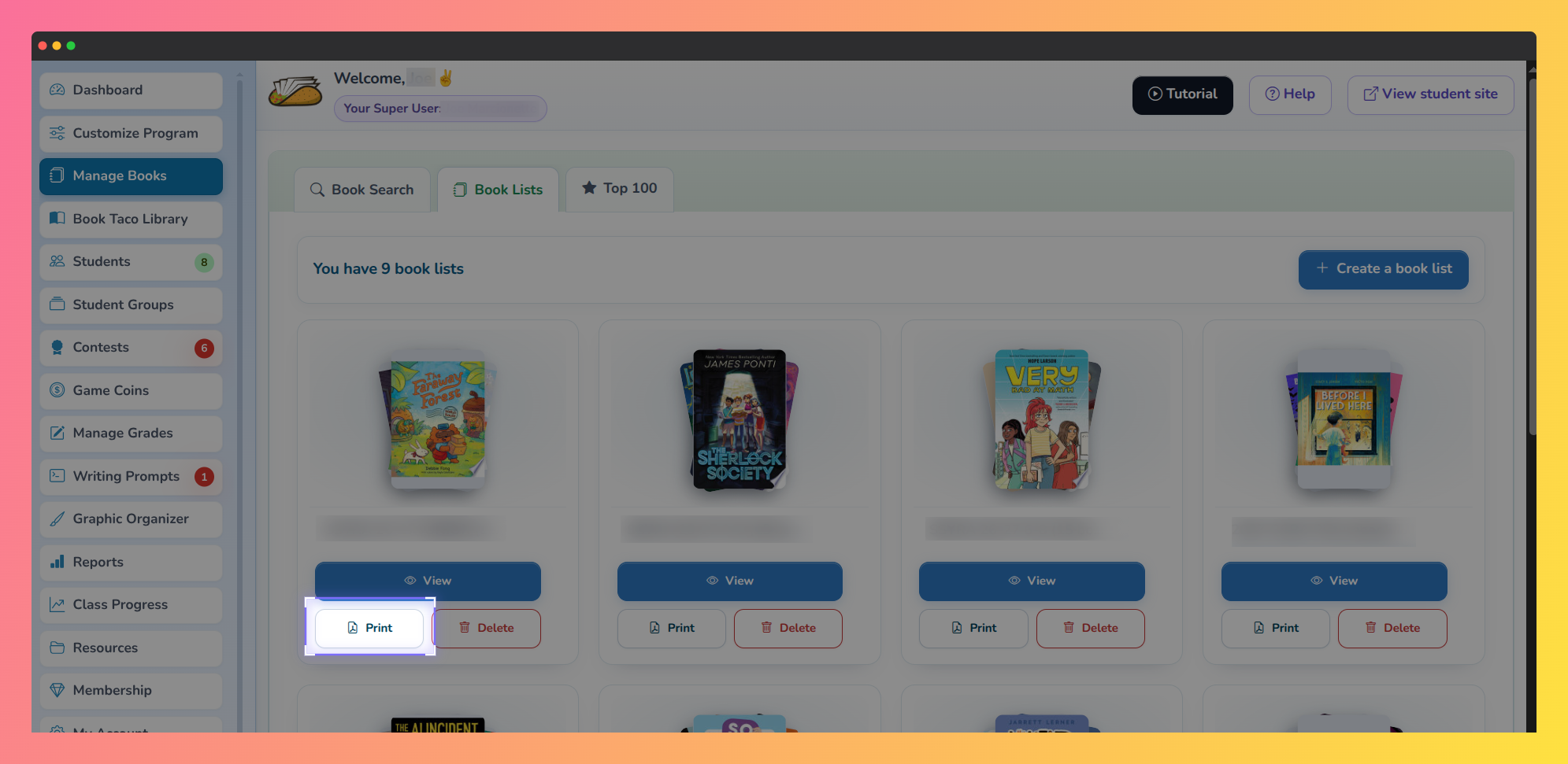 Book Lists tab in Manage Books. Each list card shows View, Print, and Delete. The Print button is highlighted.