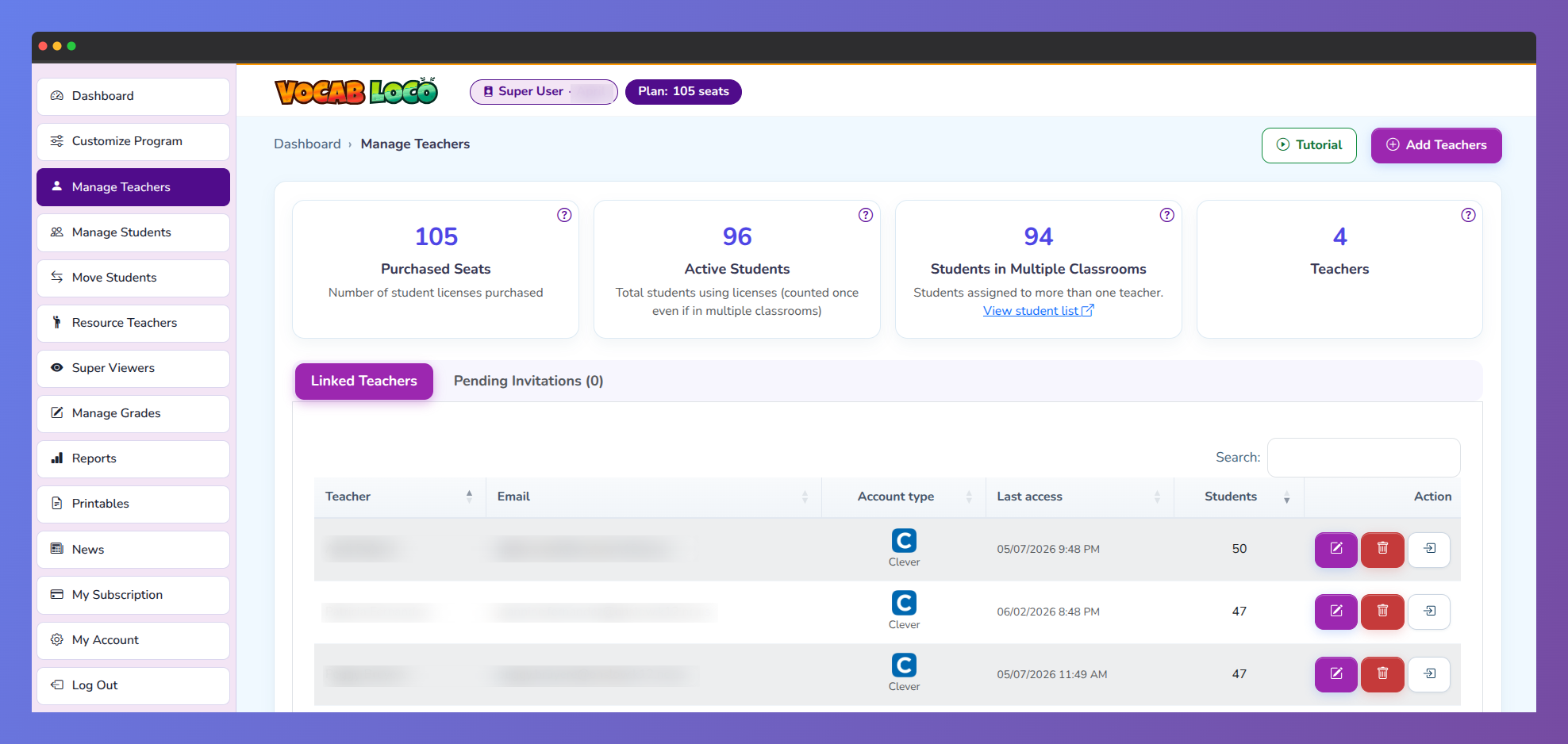 Screenshot of Manage Teachers
