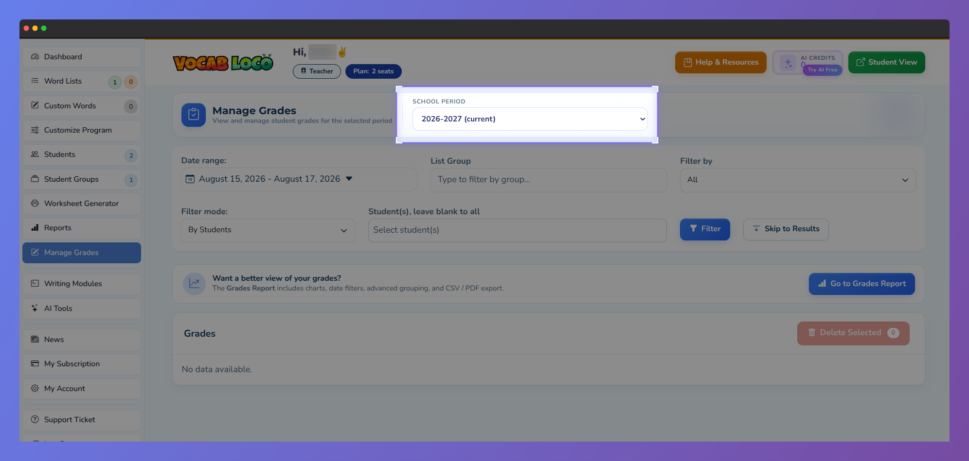 Screenshot of the Manage Grades page showing the School Period dropdown highlighted at the top of the page.