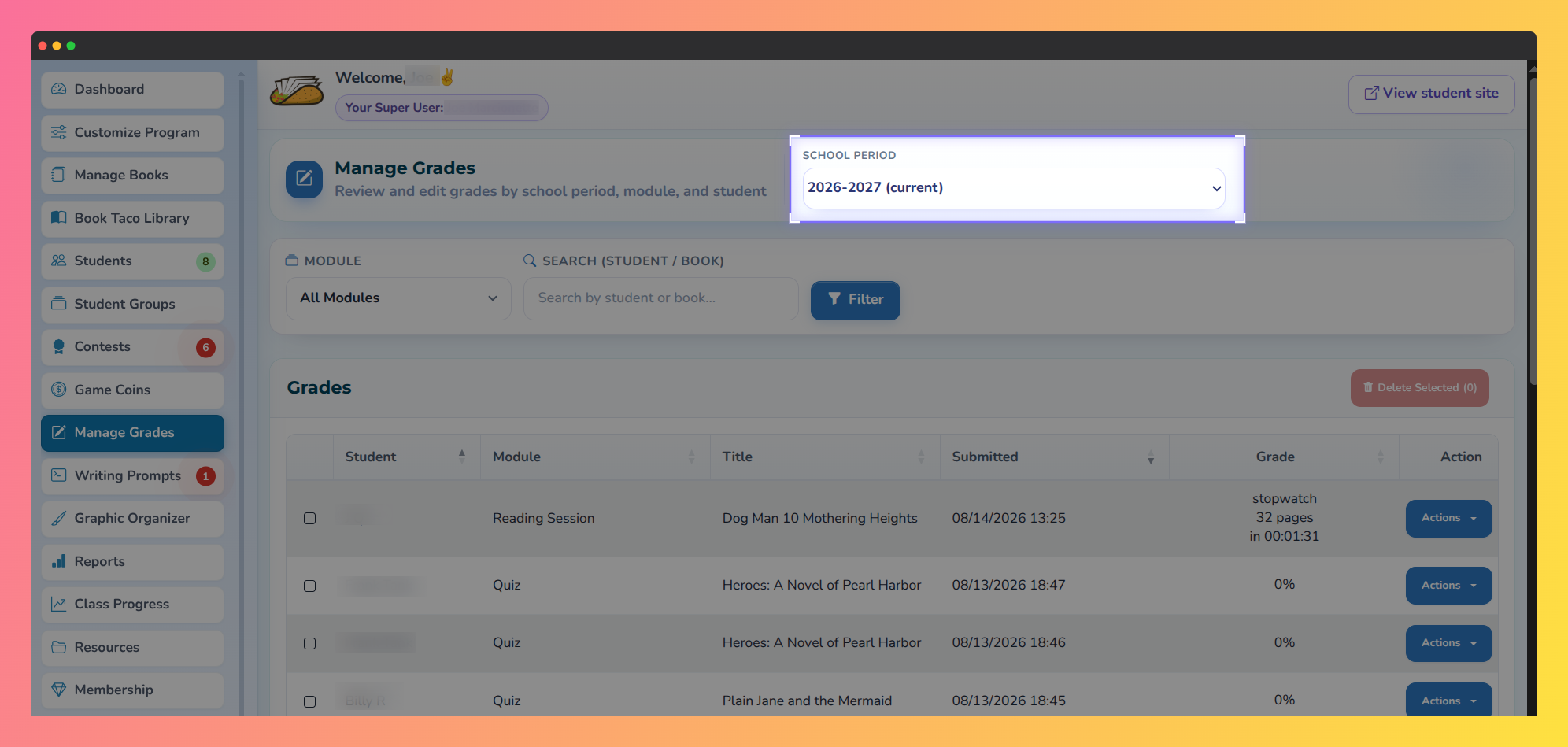 Screenshot of the Manage Grades page showing the School Period dropdown highlighted at the top of the page.