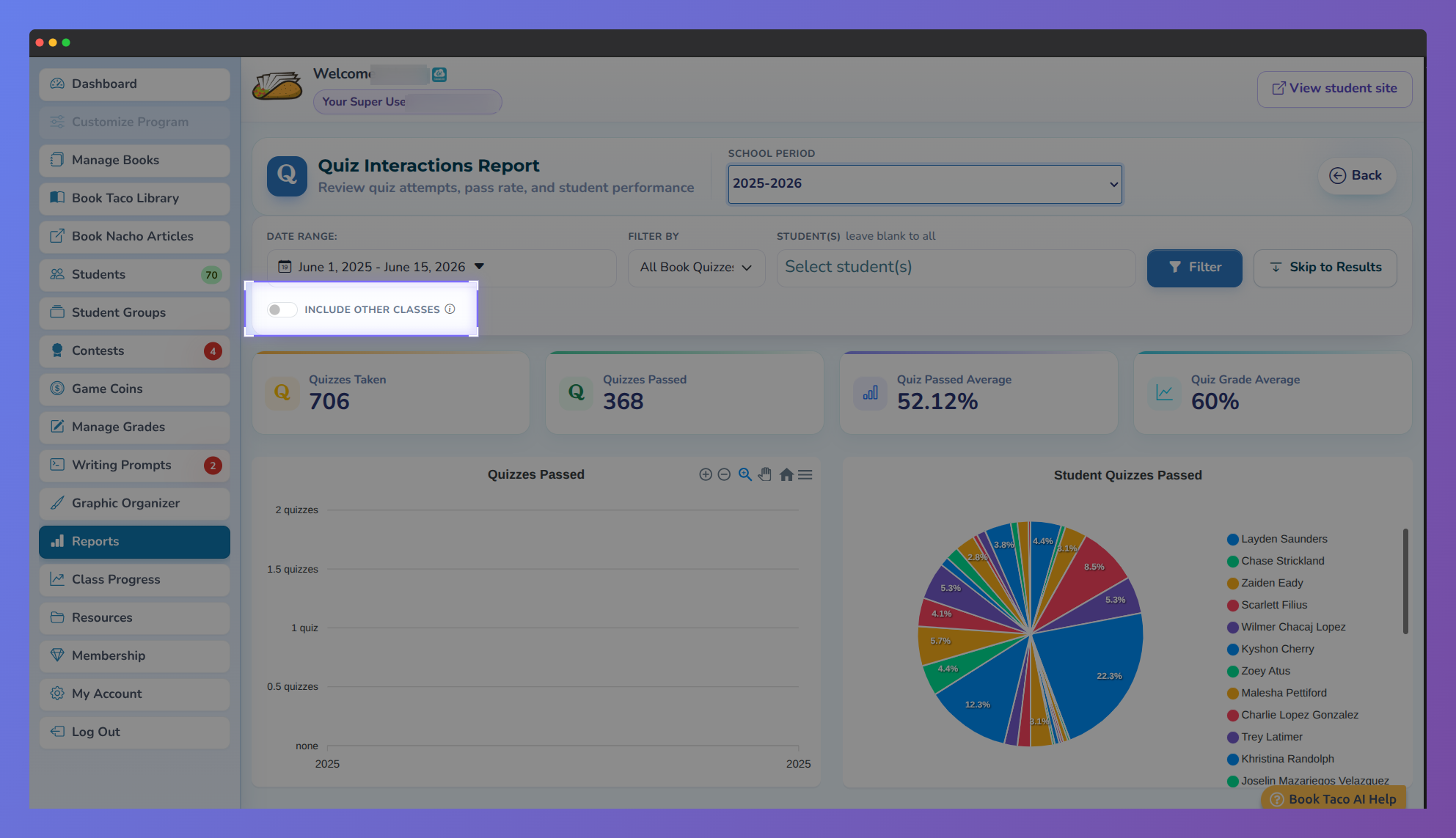 "Include other classes" toggle option highlighted in the Quiz Interactions Report filter panel.