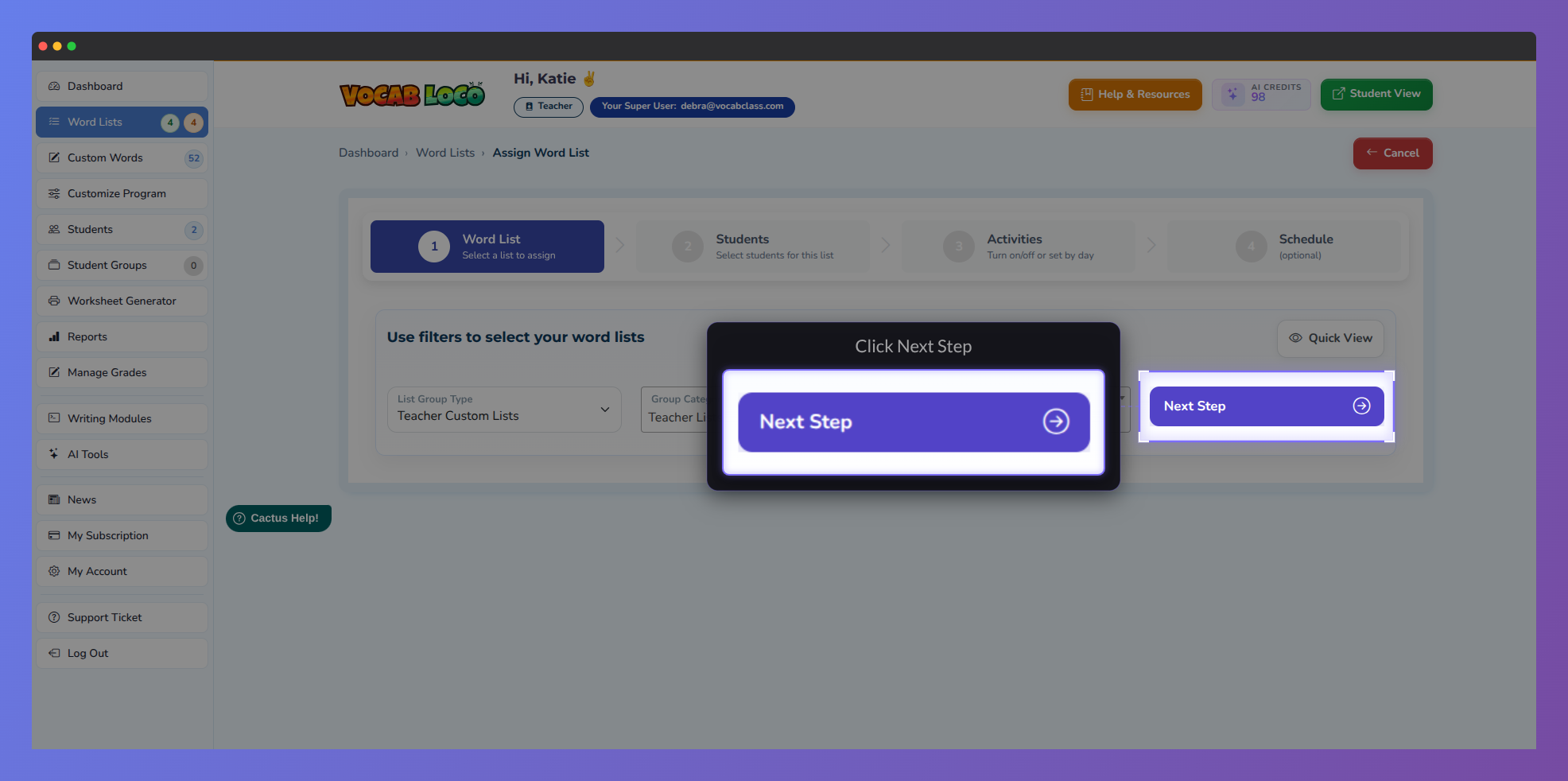Screenshot showing the “Next Step” button highlighted in the Assign Word List workflow.