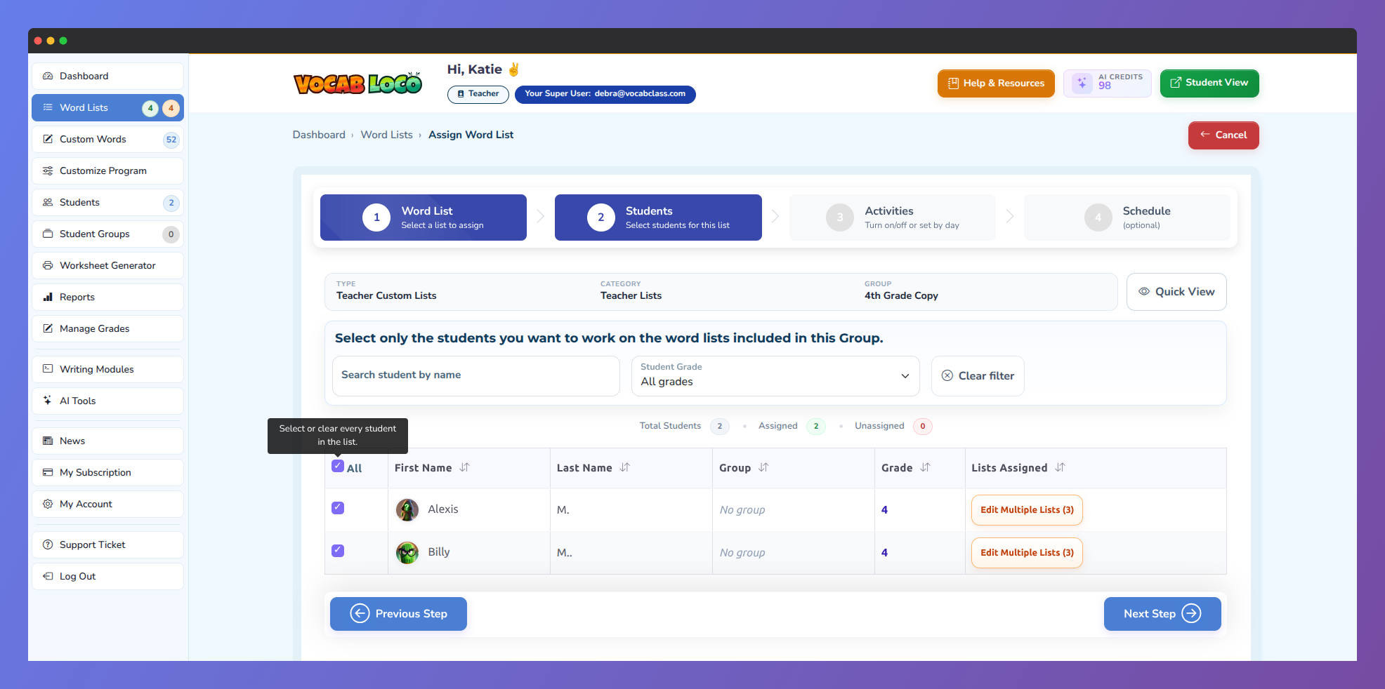 Screenshot of the "Students" step in the Assign Word List workflow, with students selected.