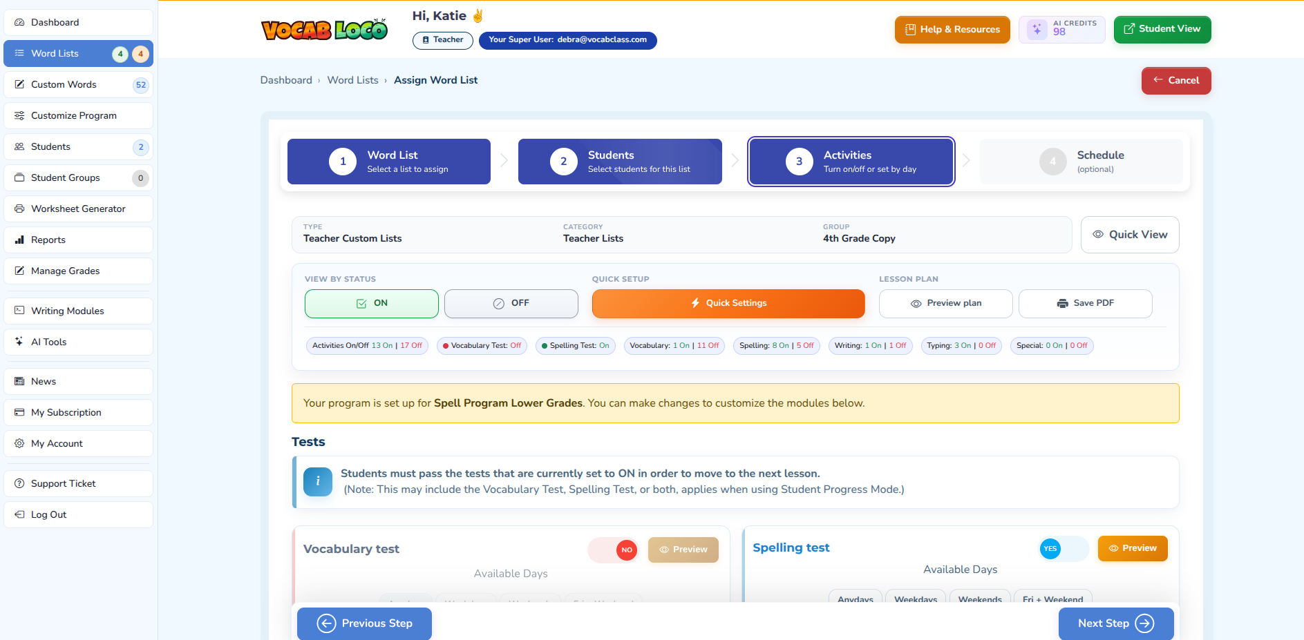 Screenshot of the "Activities" step in the Assign Word List workflow, showing test and module settings with Vocabulary test off and Spelling test on.