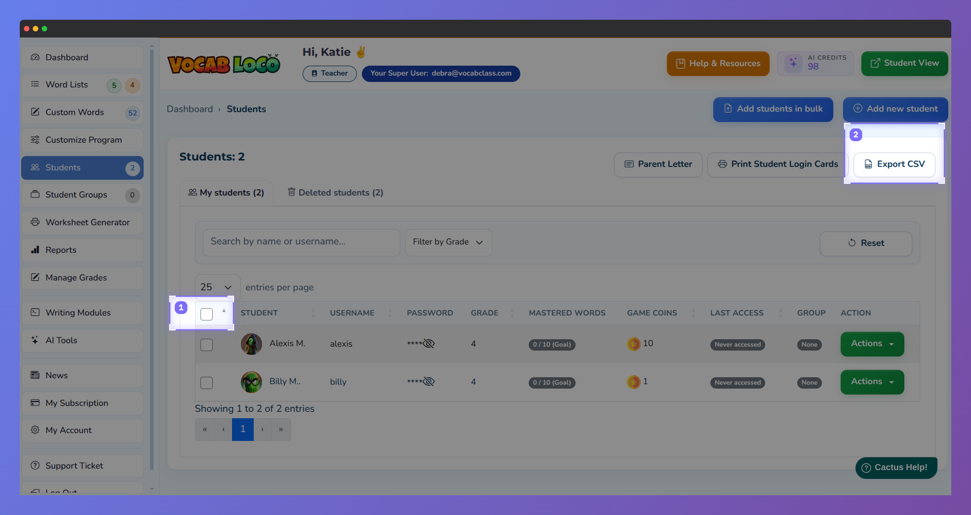 Screenshot of the students page on Vocab Loco, with the student selection checkbox and the "Export CSV" button highlighted in the top right corner.