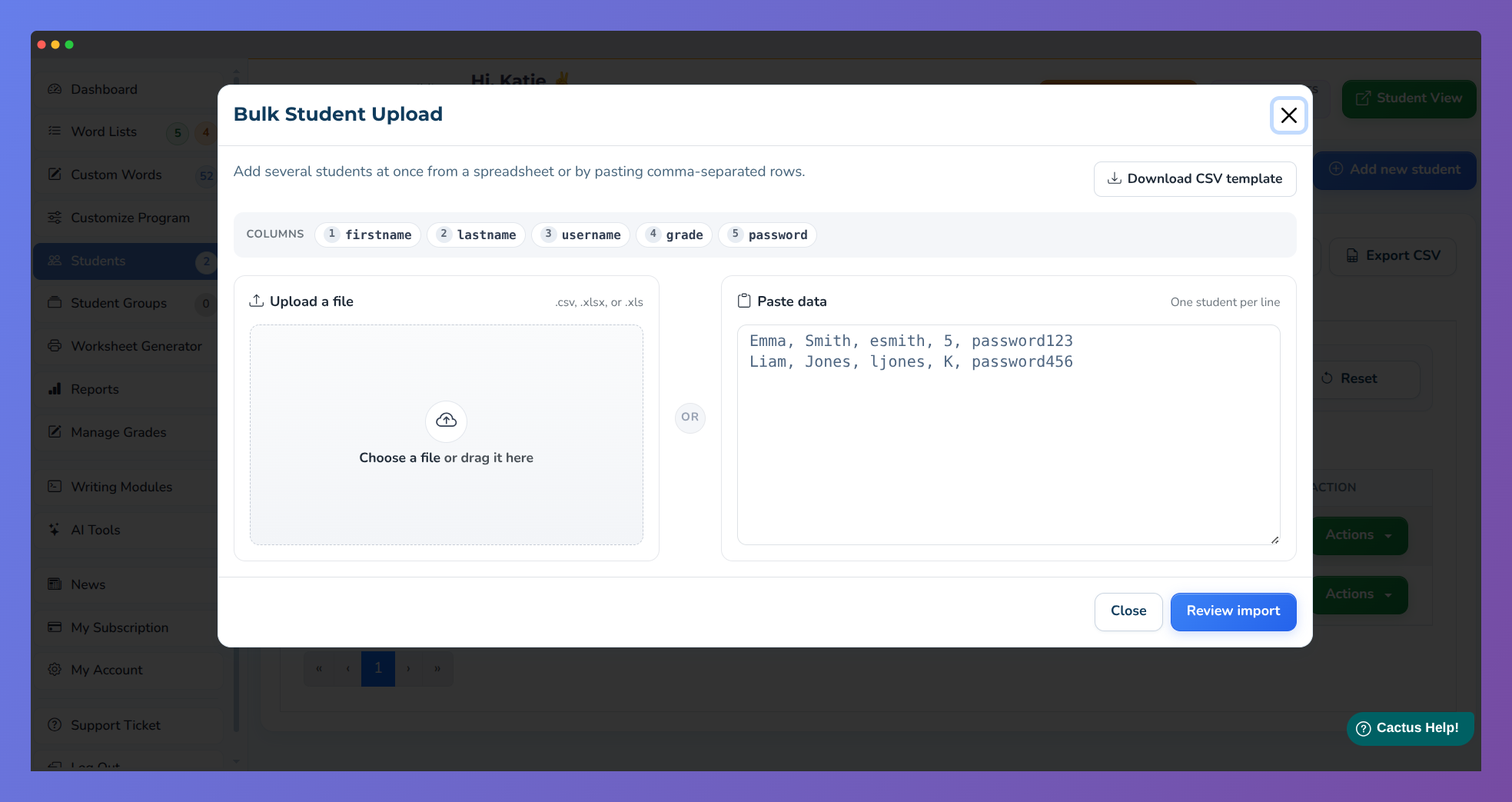 The Bulk Student Upload modal, showing the file upload area and the paste data option side by side.