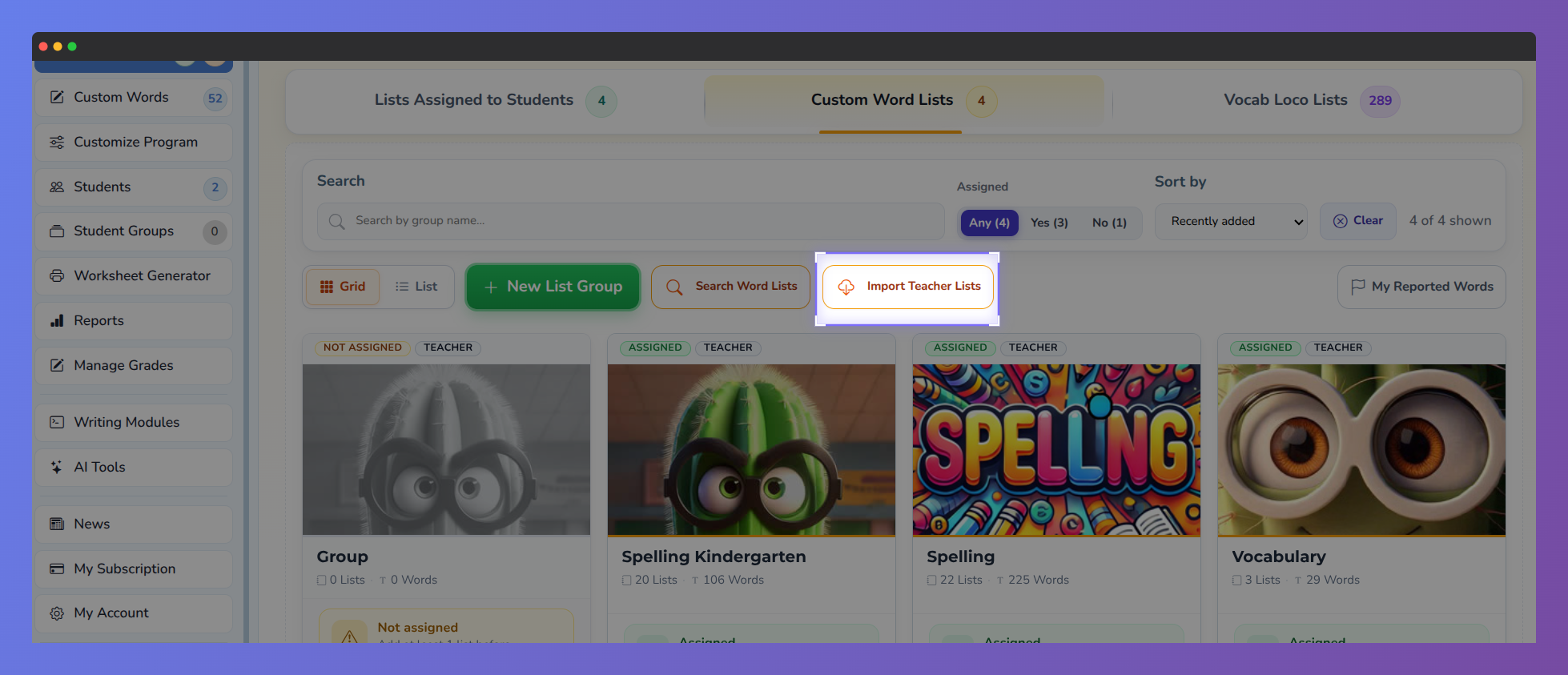 Screenshot of Vocab Loco highlighting the "Import Teacher Lists" button.