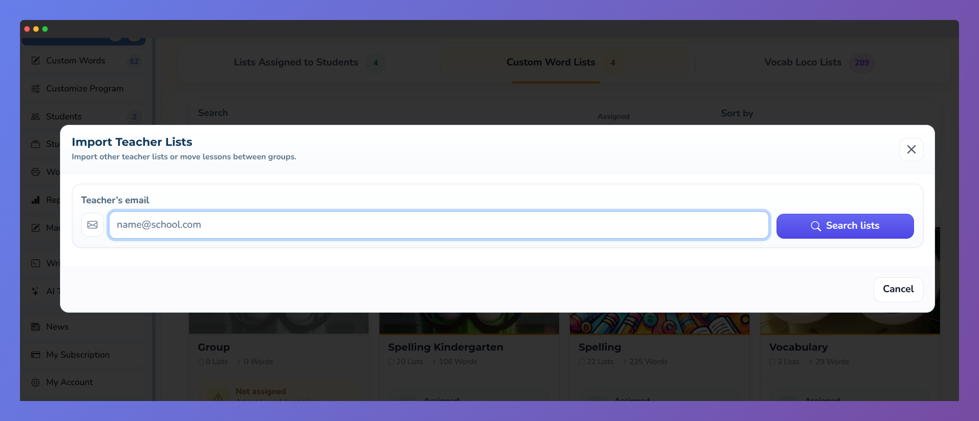 Screenshot of Vocab Loco showing the modal for searching lists by the teacher's email.