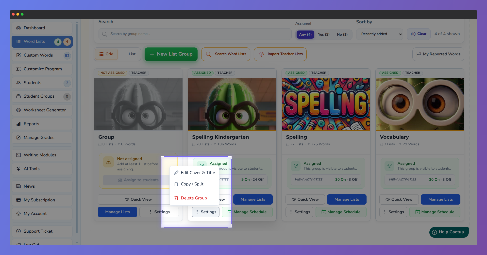 Screenshot of Vocab Loco highlighting the "Edit cover & title" button.