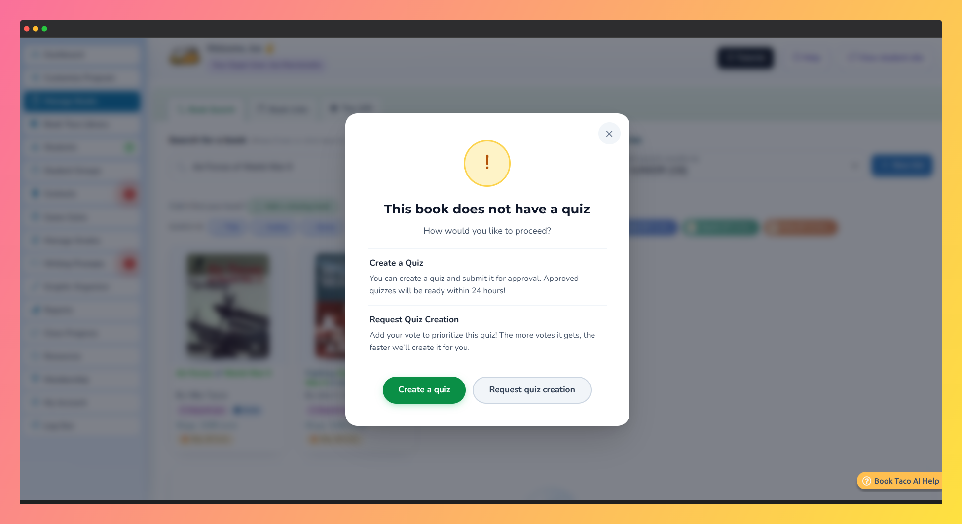 Book Taco screenshot highlighting the "create a quiz" mode.