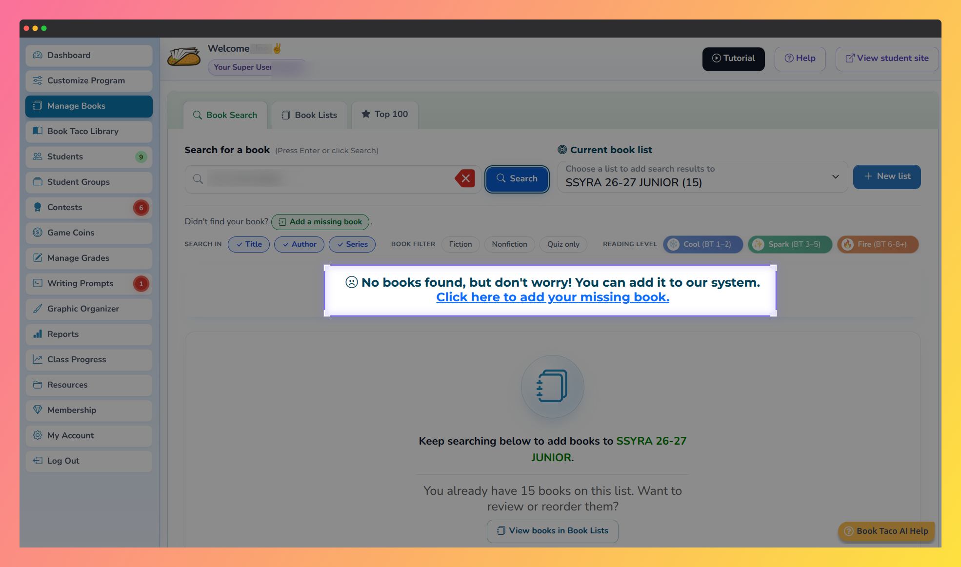 Screenshot of Book Taco showing a search with no results.