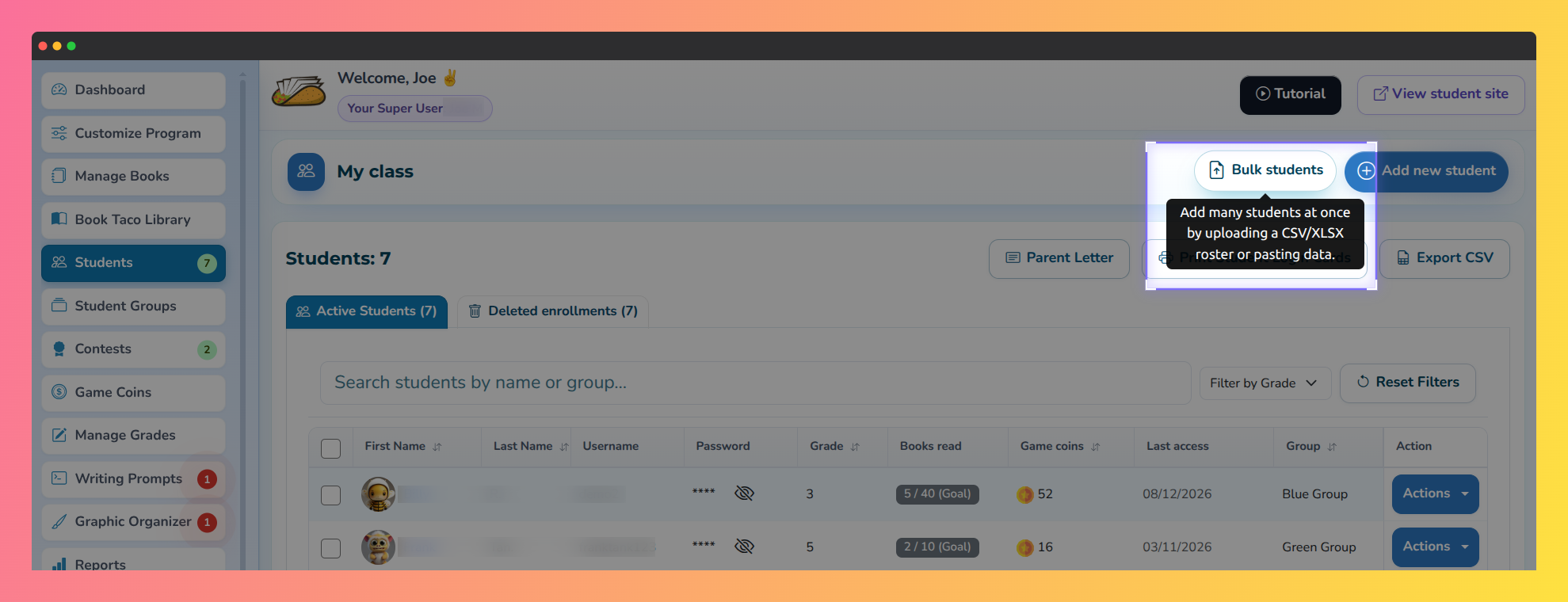 Screenshot of the teacher dashboard highlighting the "bulk students" button.
