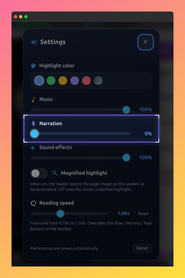 Screenshot of the settings modal showing Narration volume at 0%.