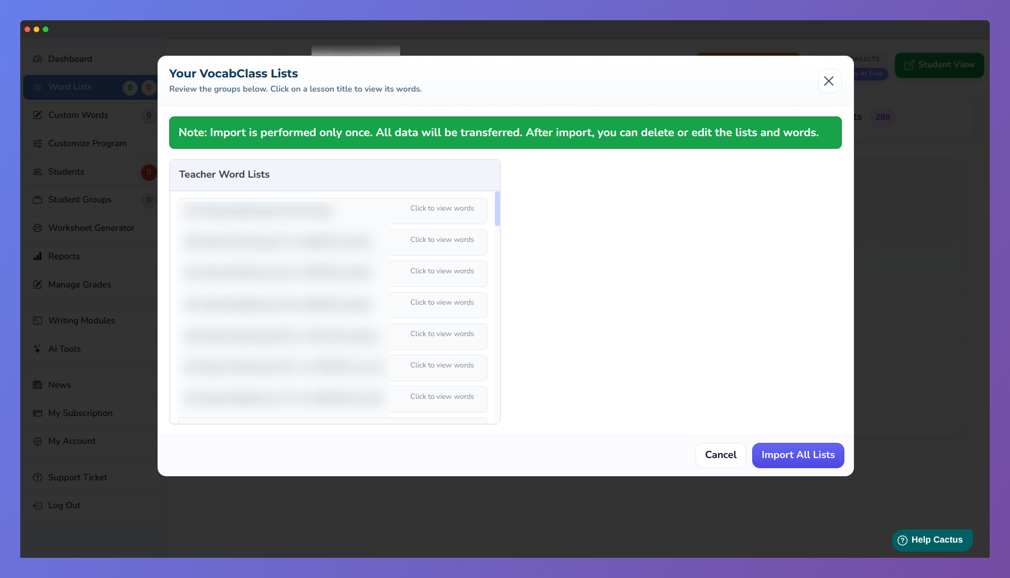 Screenshot of Vocab Loco highlighting the "Import from VocabClass" modal.