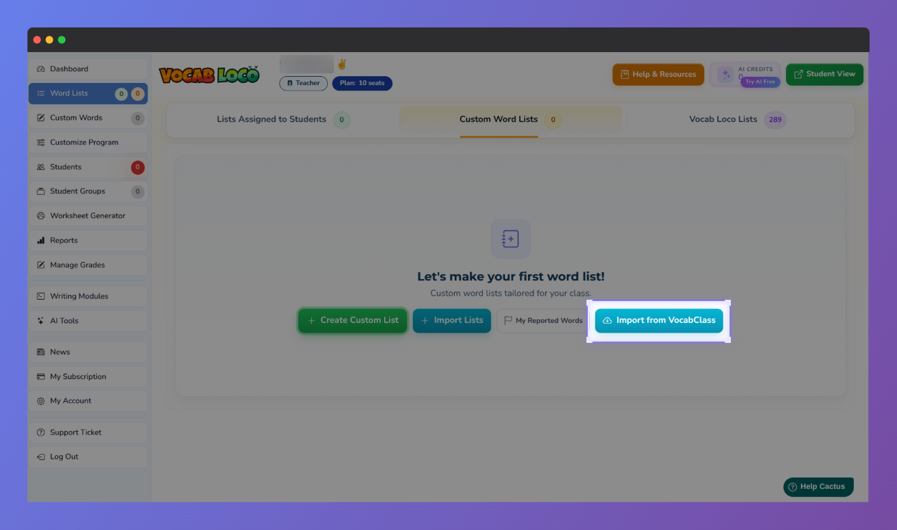 Vocab Loco screenshot highlighting the "Import from VocabClass" button.
