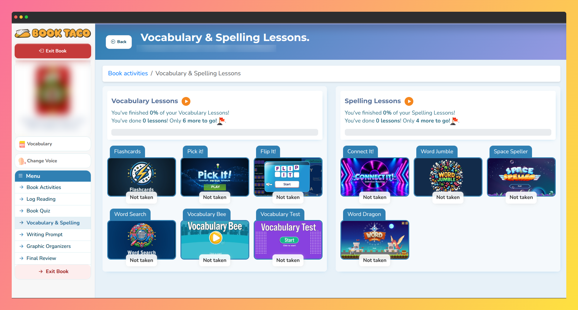 Screenshot of Book Taco vocabulary and spelling activities.