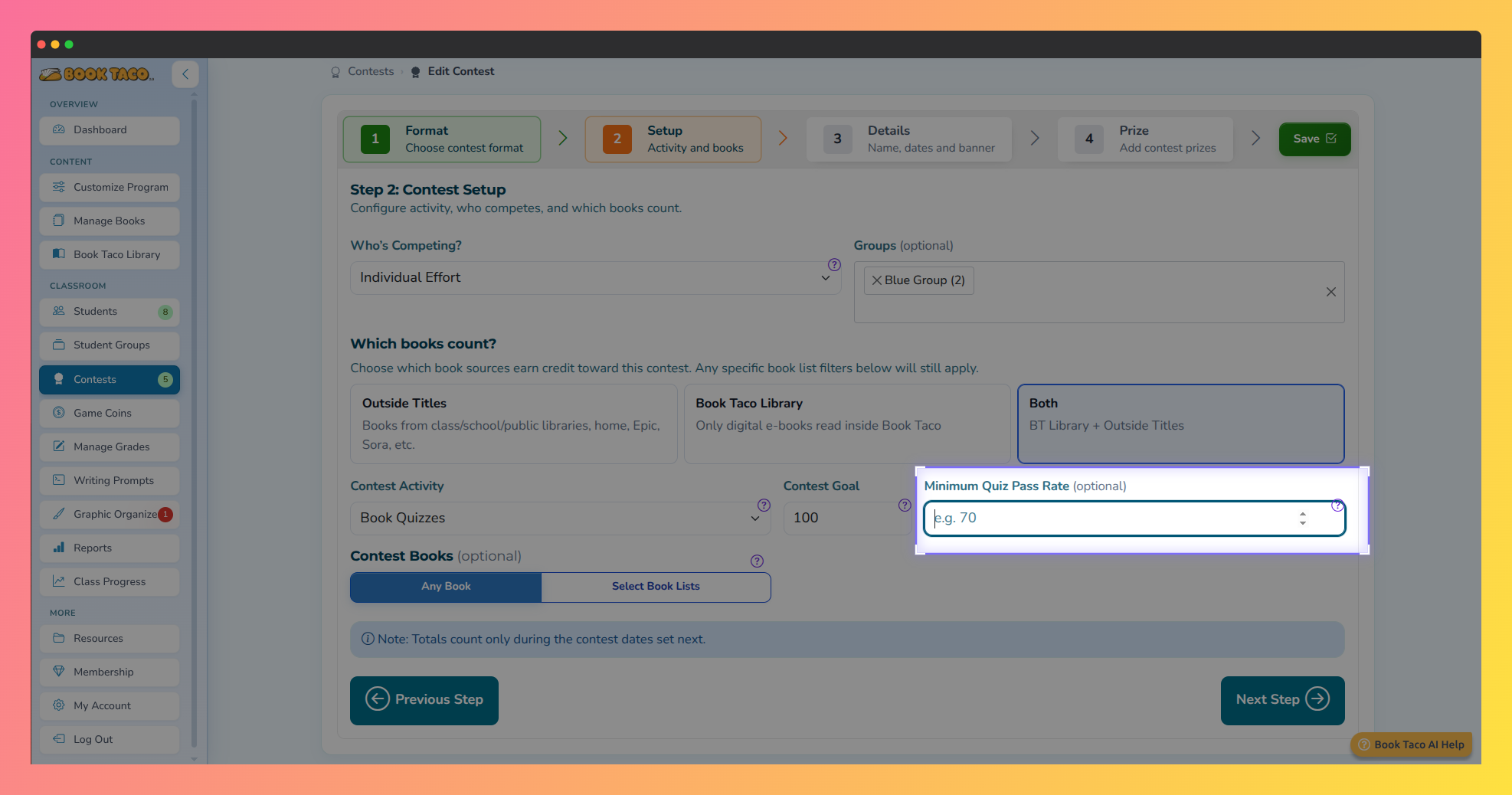 Book Taco screenshot highlighting the Minimum Quiz Pass Rate field.