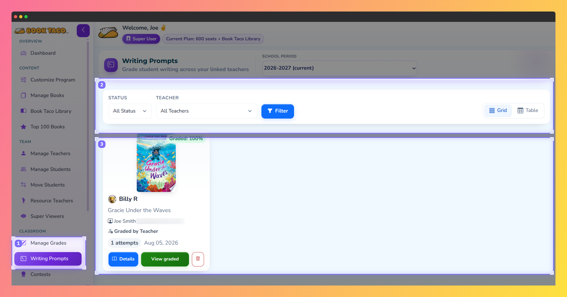 Screenshot of Book Taco showing the Super User writing prompts screen.